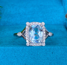 Load image into Gallery viewer, Aquamarine and Diamond Halo White Gold Ring