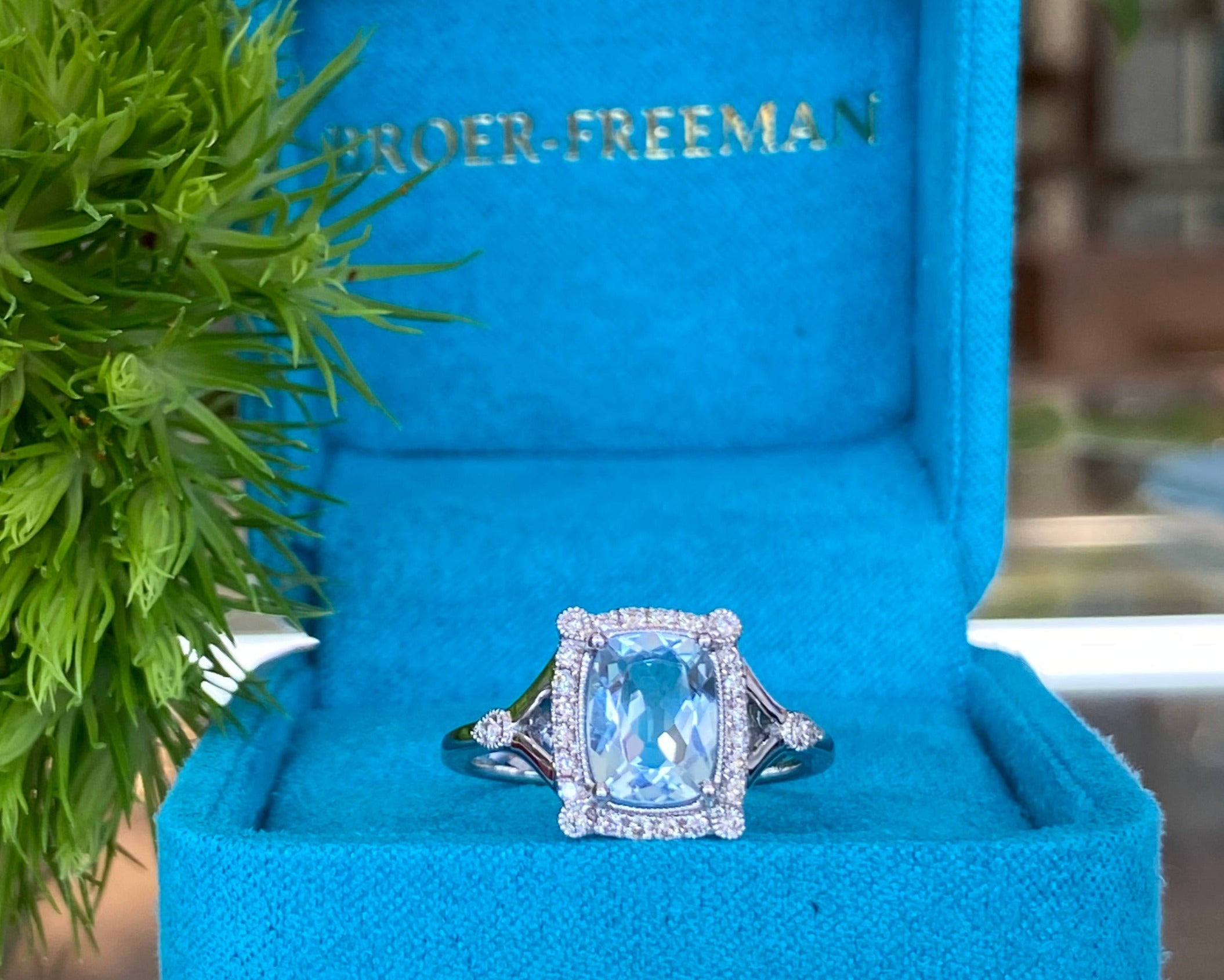 Aquamarine and Diamond Halo White Gold Ring