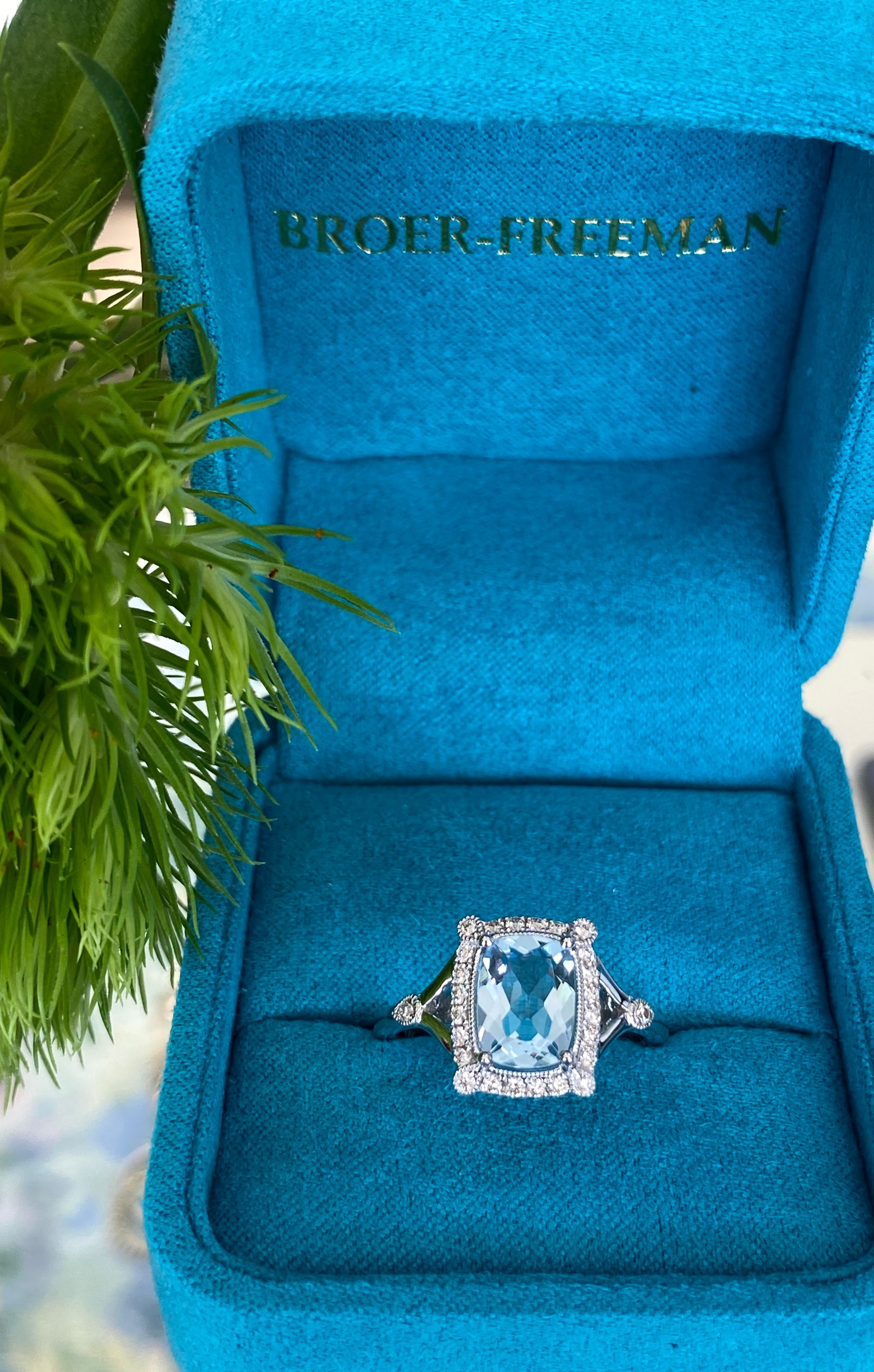 Aquamarine and Diamond Halo White Gold Ring