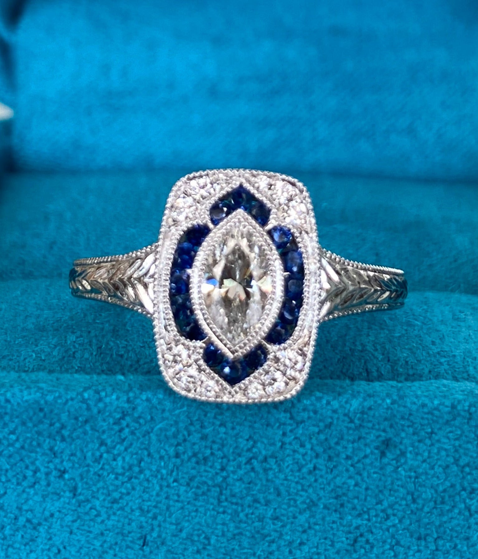 Vintage Inspired Midnight Marquise Sapphire & Diamond Ring