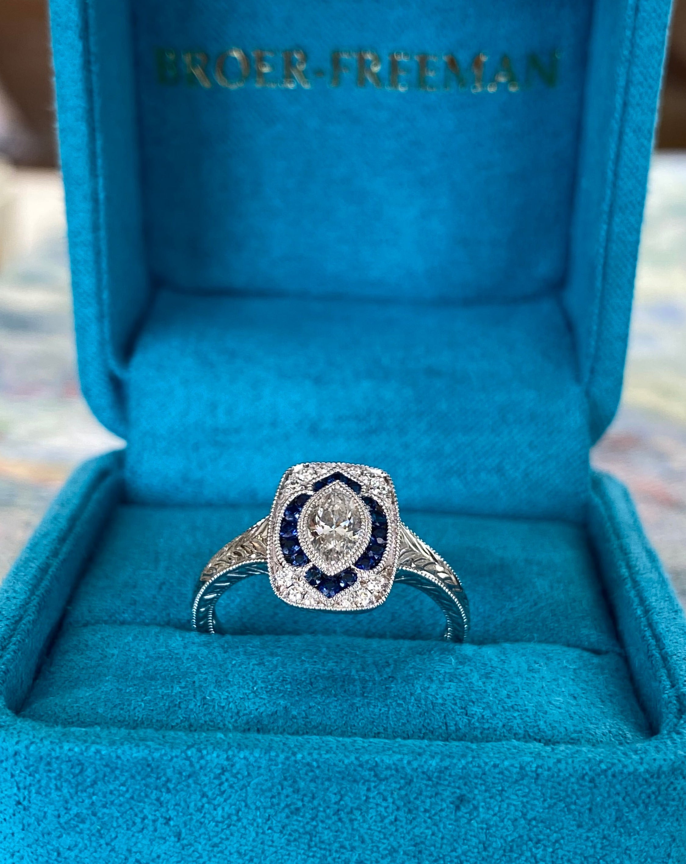 Vintage Inspired Midnight Marquise Sapphire & Diamond Ring