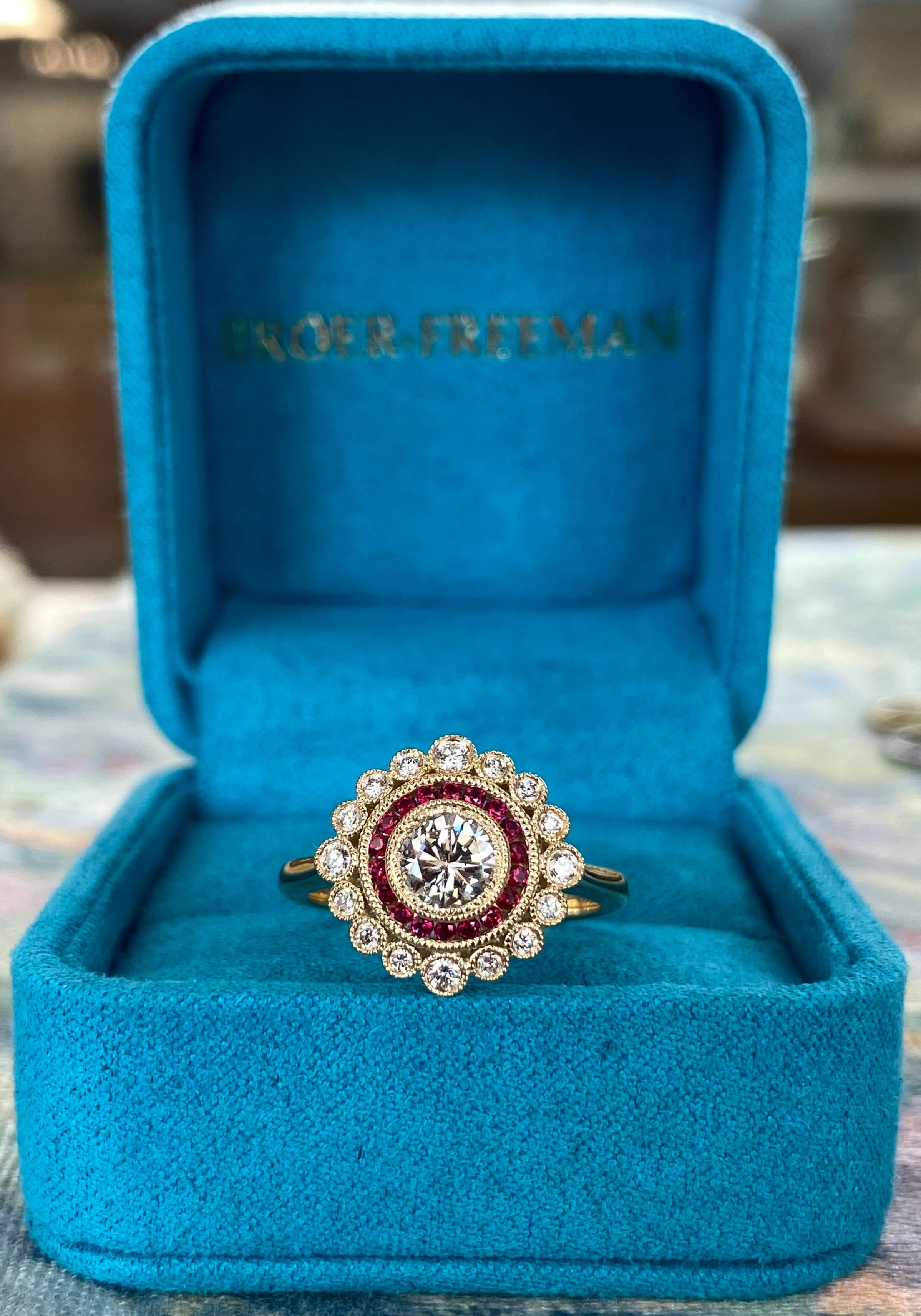 Diamond and Ruby Double Halo Yellow Gold Ring