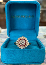 Load image into Gallery viewer, Diamond and Ruby Double Halo Yellow Gold Ring