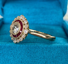 Load image into Gallery viewer, Diamond and Ruby Double Halo Yellow Gold Ring
