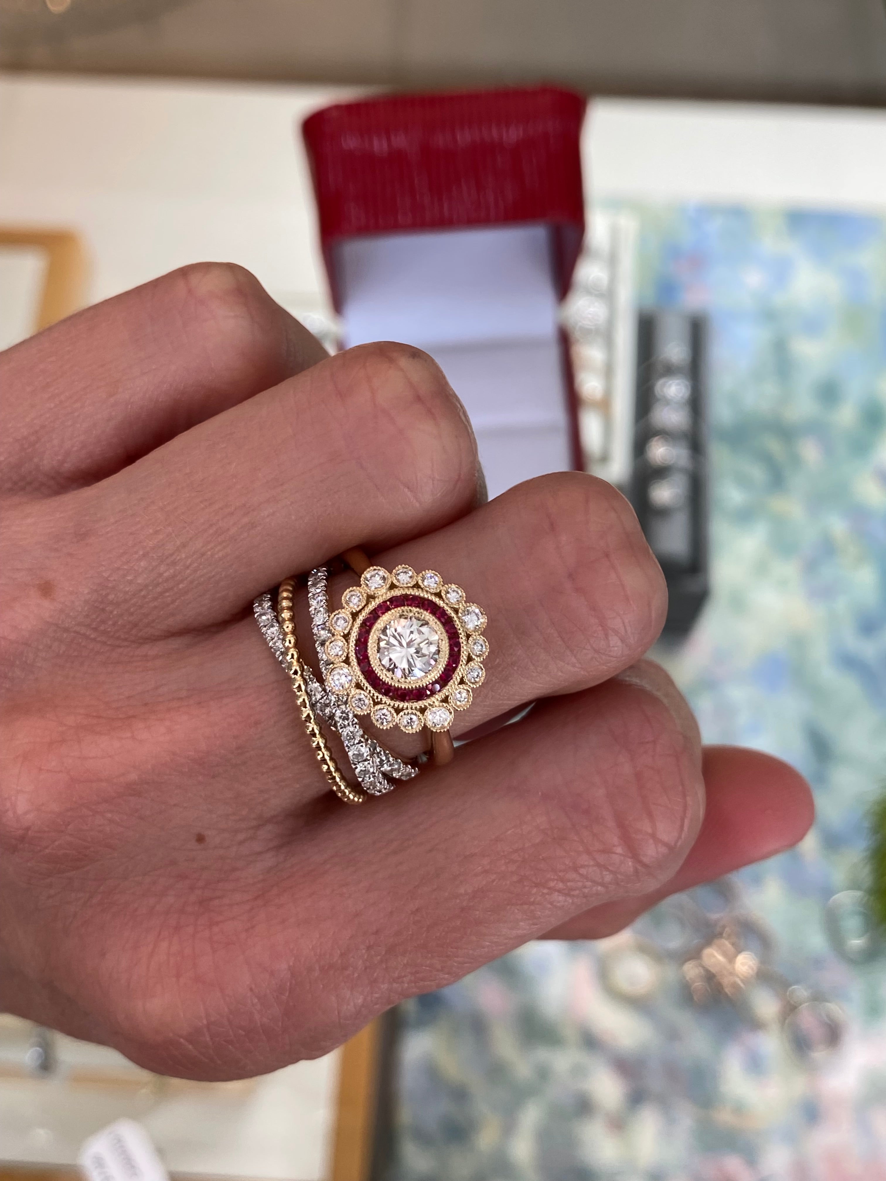 Diamond and Ruby Double Halo Yellow Gold Ring
