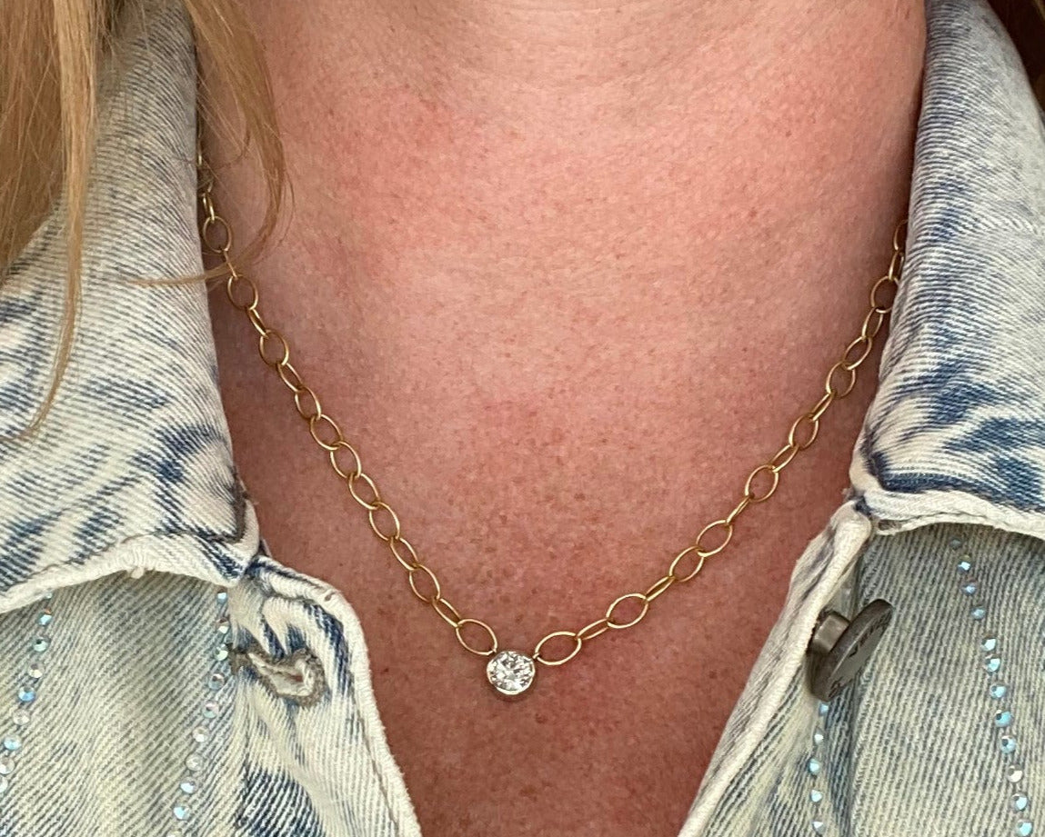 18K Yellow Gold Vintage Bezel Set Round Diamond Necklace