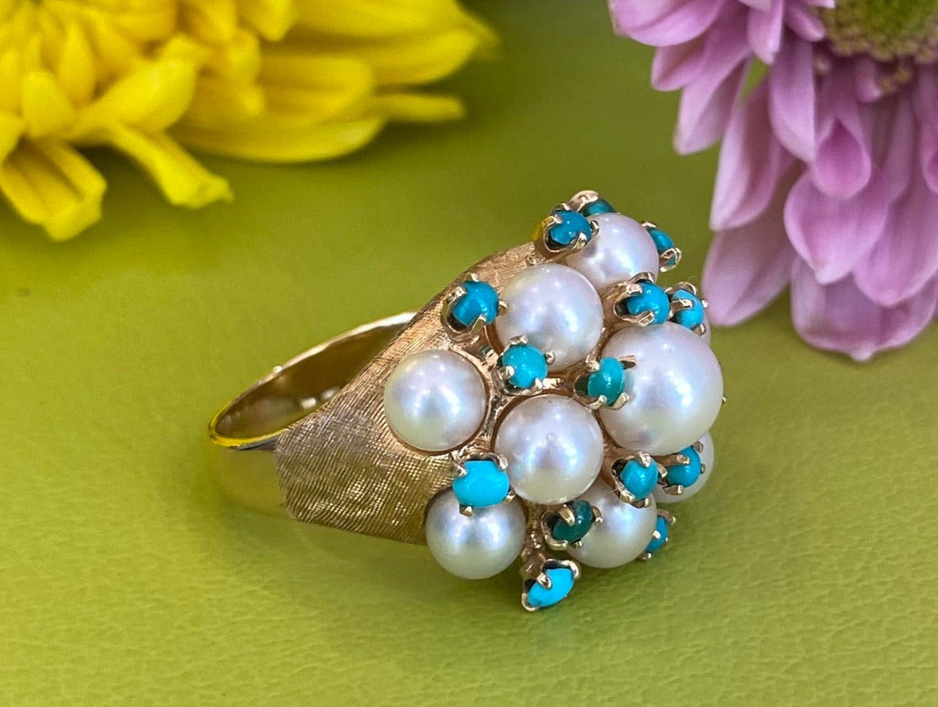 Vintage Pearl and Turquoise Yellow Gold Ring