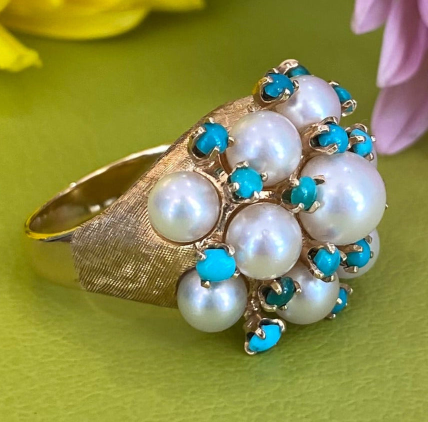 The Bluebell Vintage Pearl and Turquoise Ring