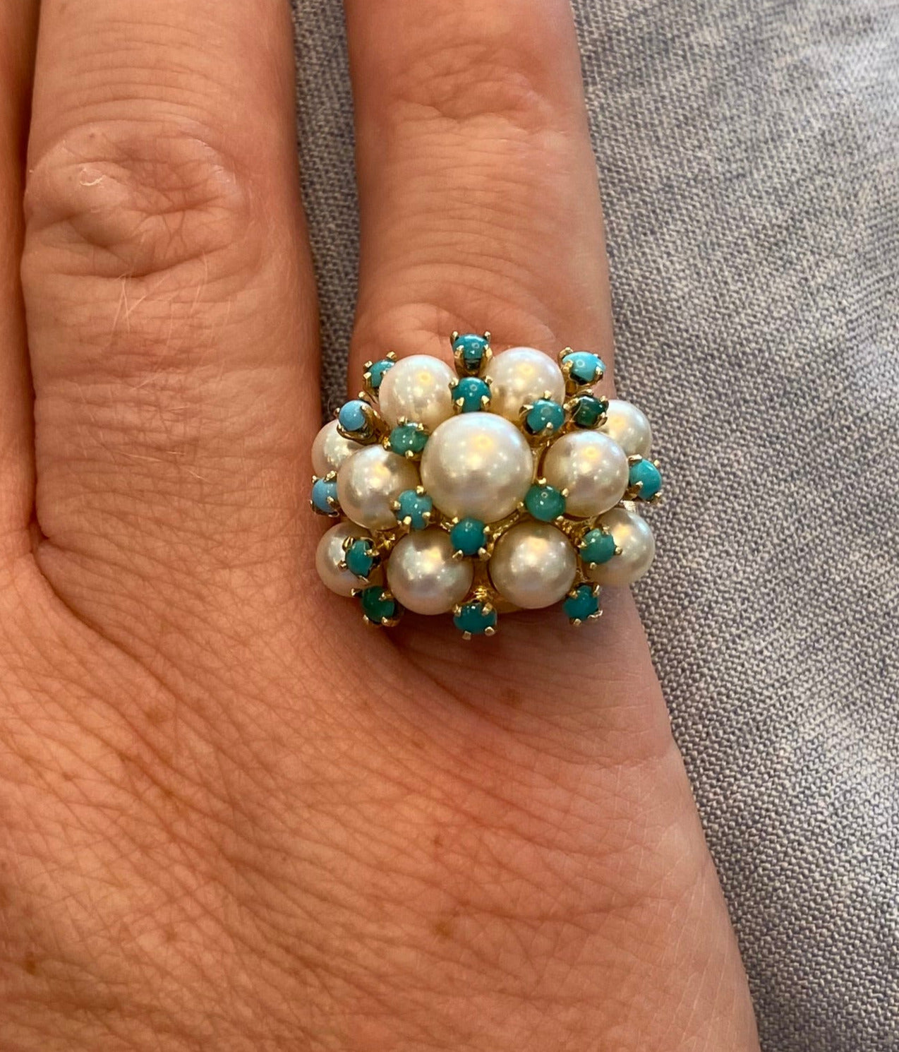 Vintage Pearl and Turquoise Yellow Gold Ring