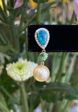 Load image into Gallery viewer, 18K Yellow Gold Opal Pearl Garnet and Diamond Drop Earrings