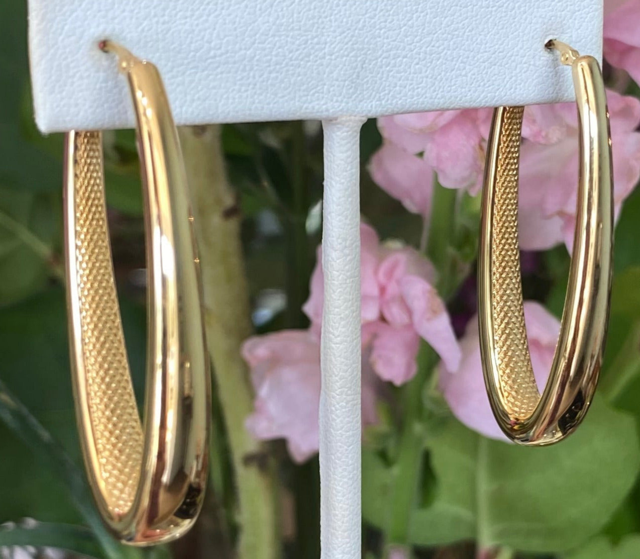 Yellow Gold Long Oval Etched Hoops