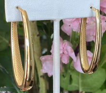 Load image into Gallery viewer, Yellow Gold Long Oval Etched Hoops