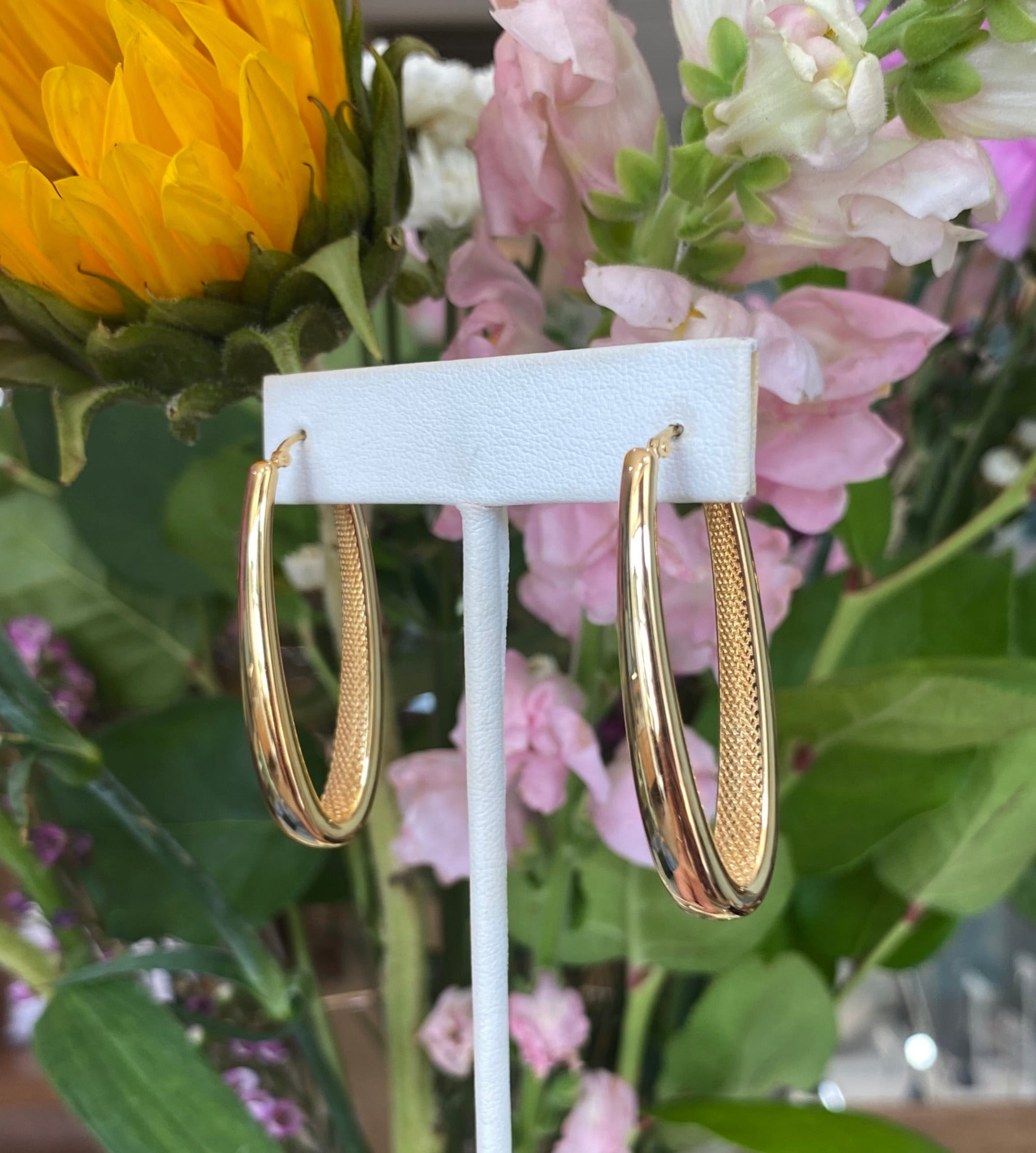Yellow Gold Long Oval Etched Hoops