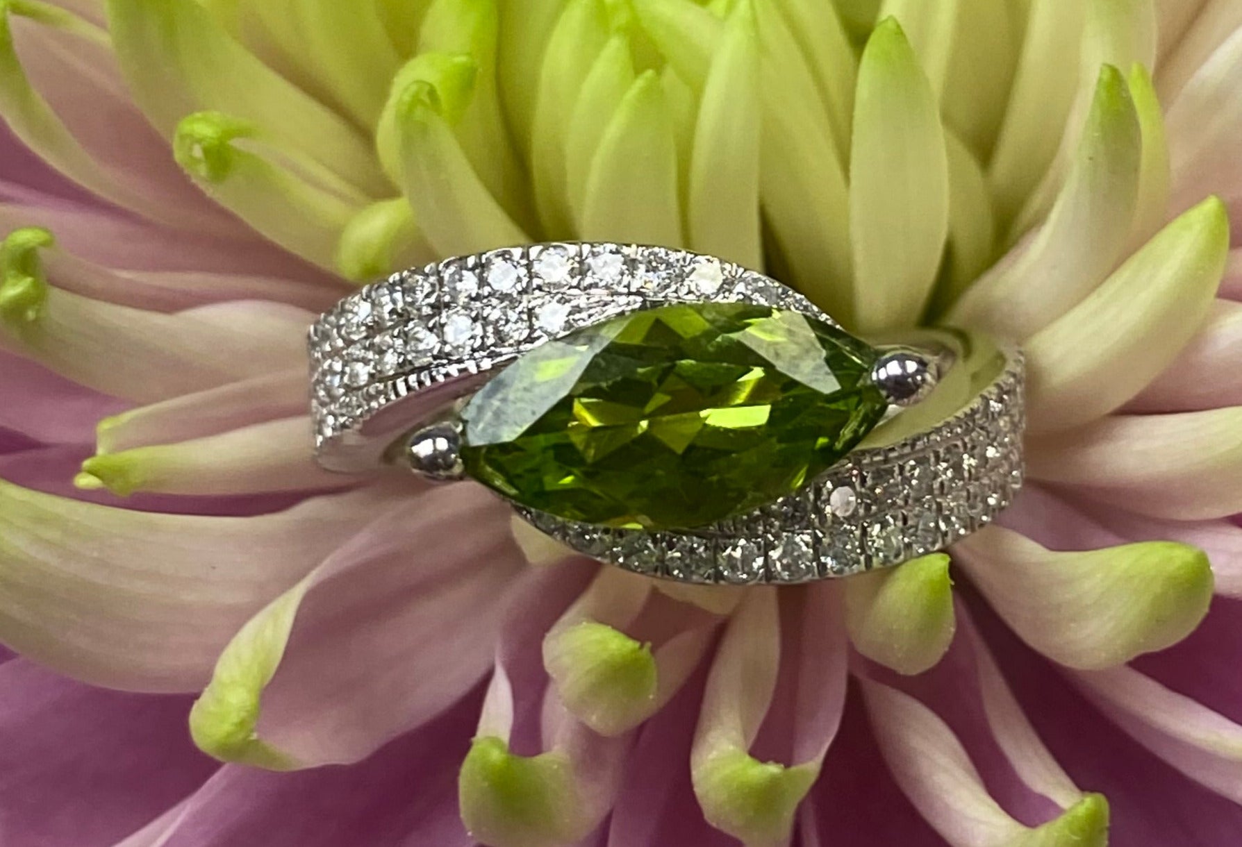 Marquise Peridot and Pave Diamond Ring