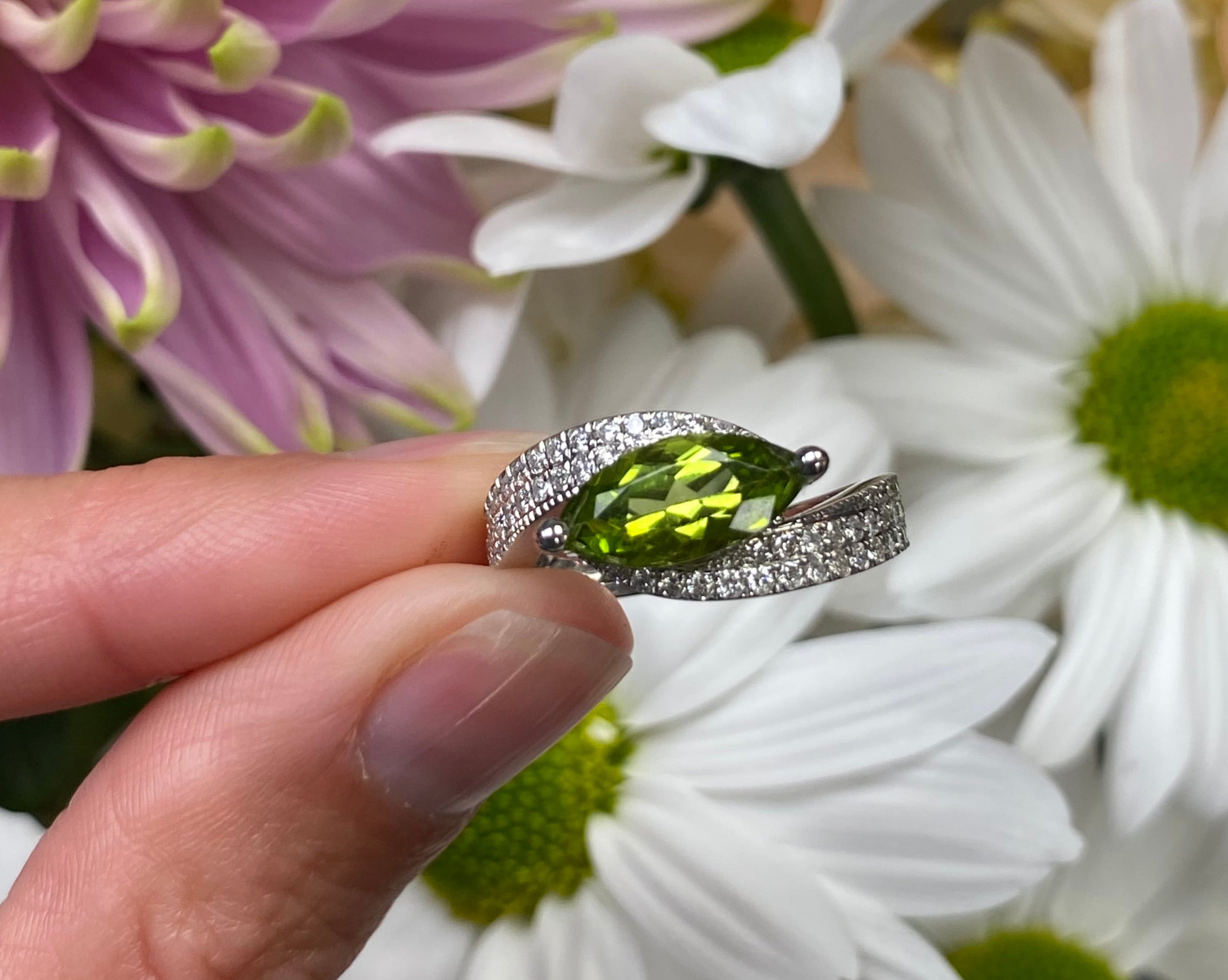 Marquise Peridot and Pave Diamond Ring