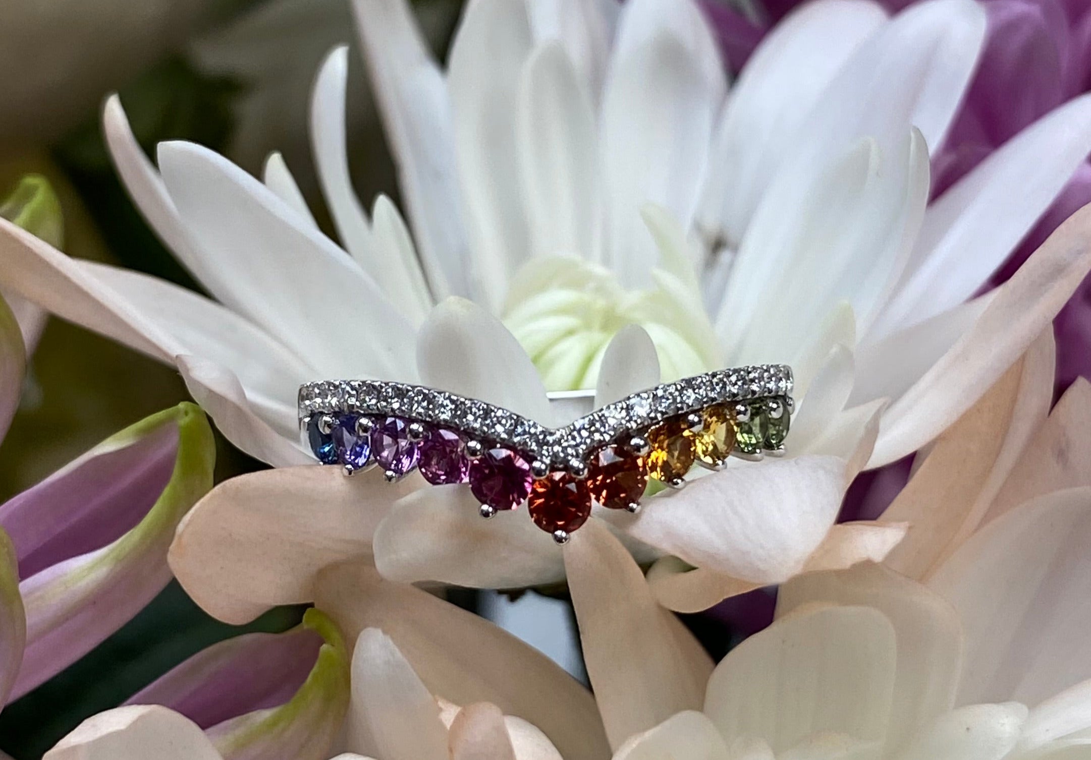 Rainbow Sapphire and Diamond V-Shaped Band