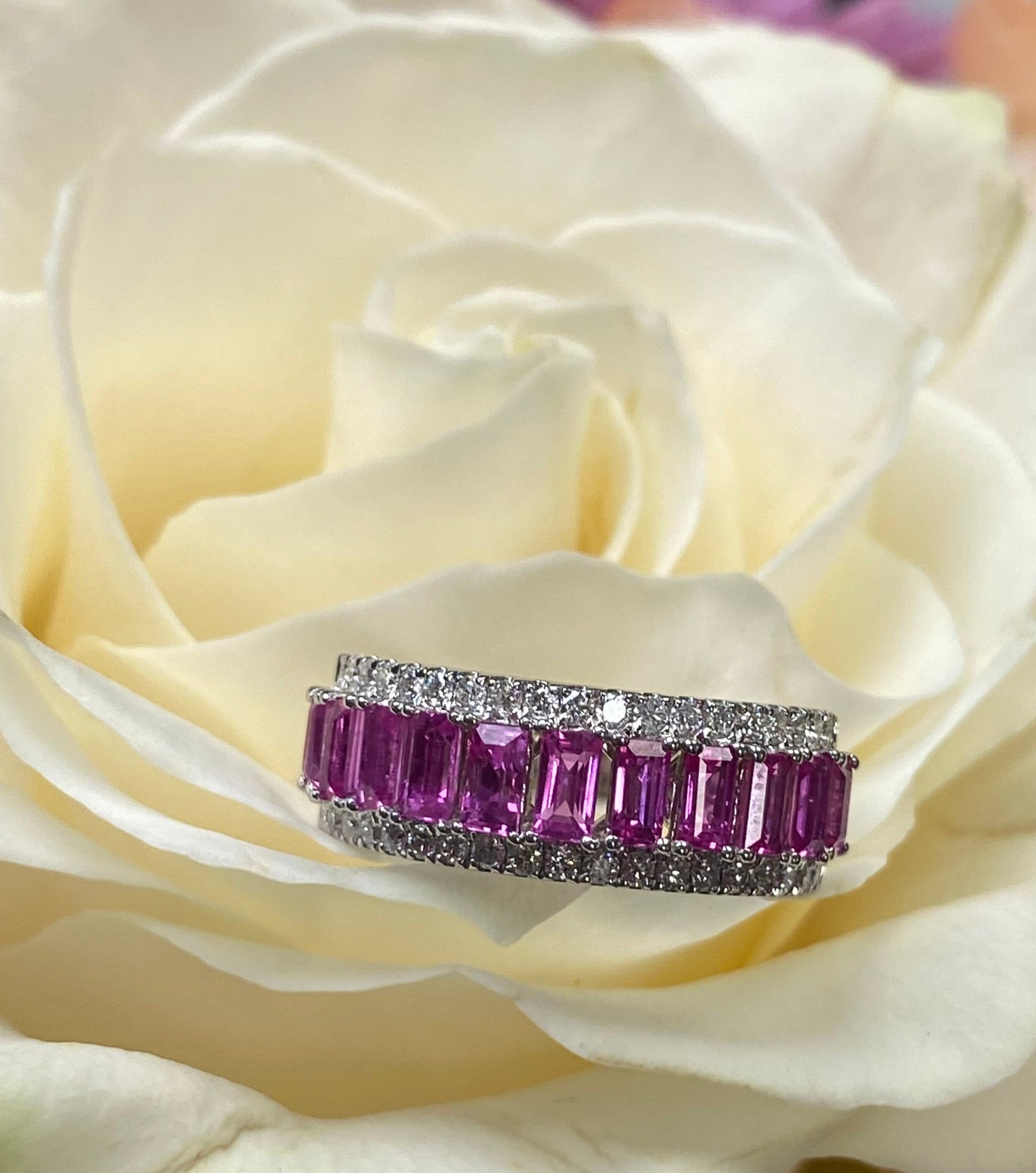 Pink Sapphire and Diamond Lined Band