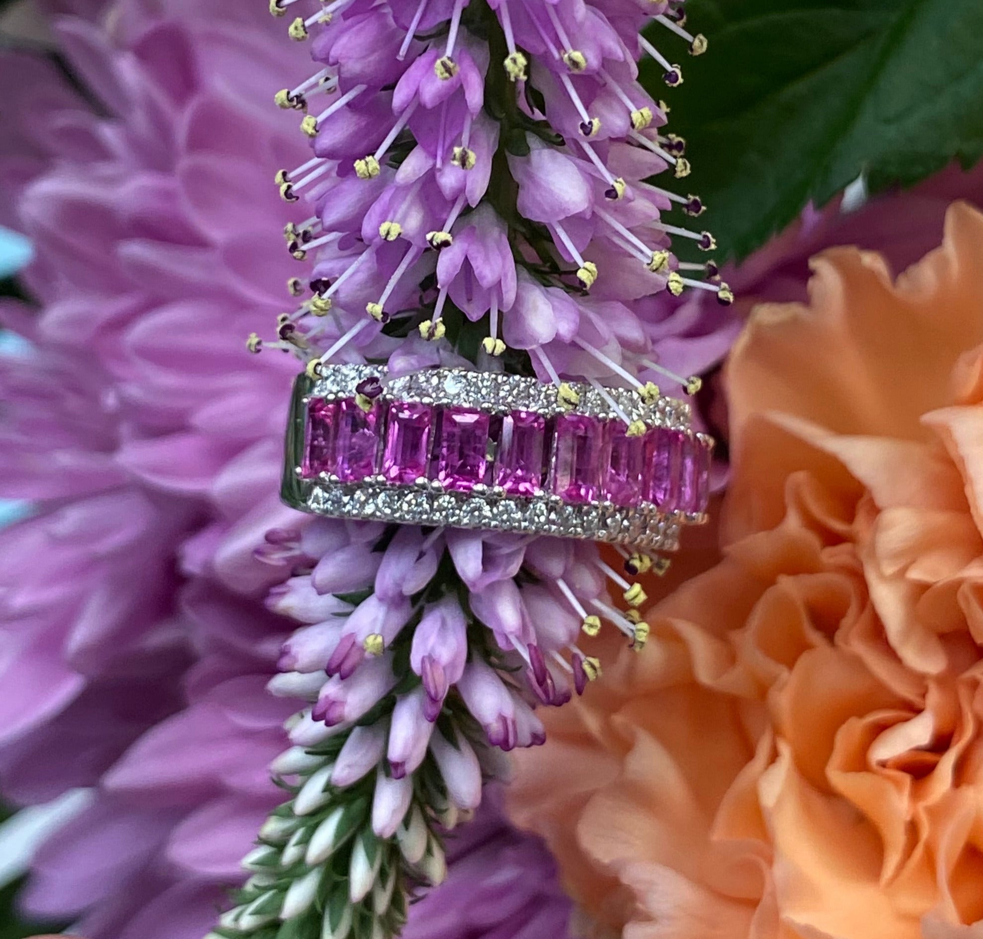 Pink Sapphire and Diamond Lined Band