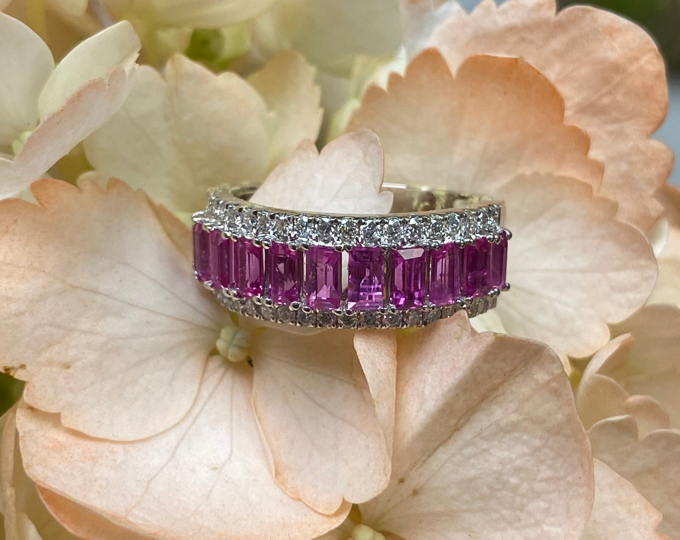 Pink Sapphire and Diamond Lined Band