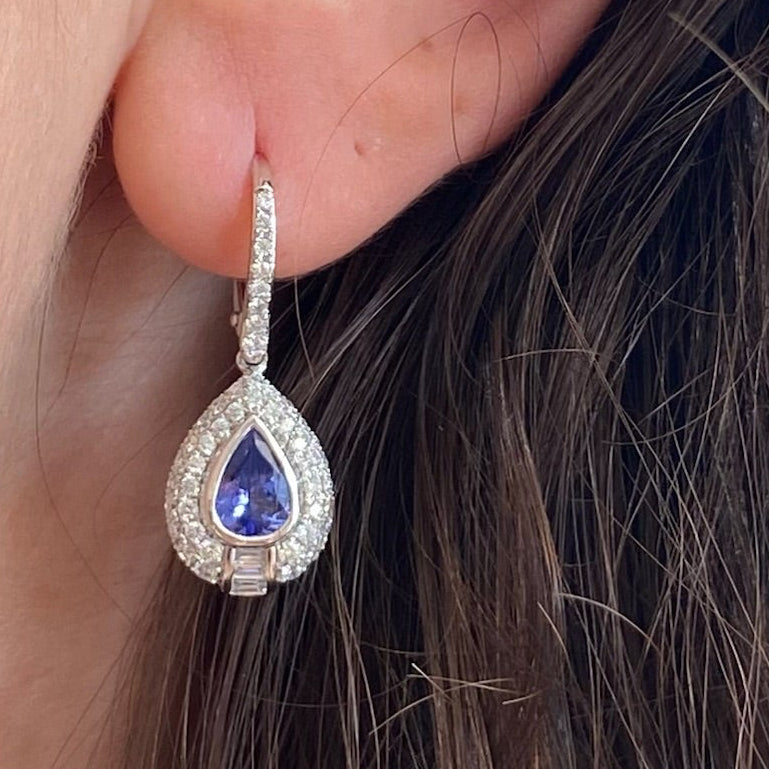 Tanzanite and Diamond Halo Tear Drop Earrings