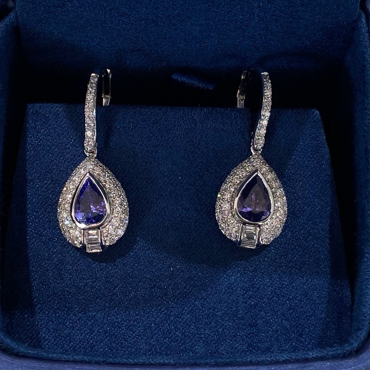 Tanzanite and Diamond Halo Tear Drop Earrings