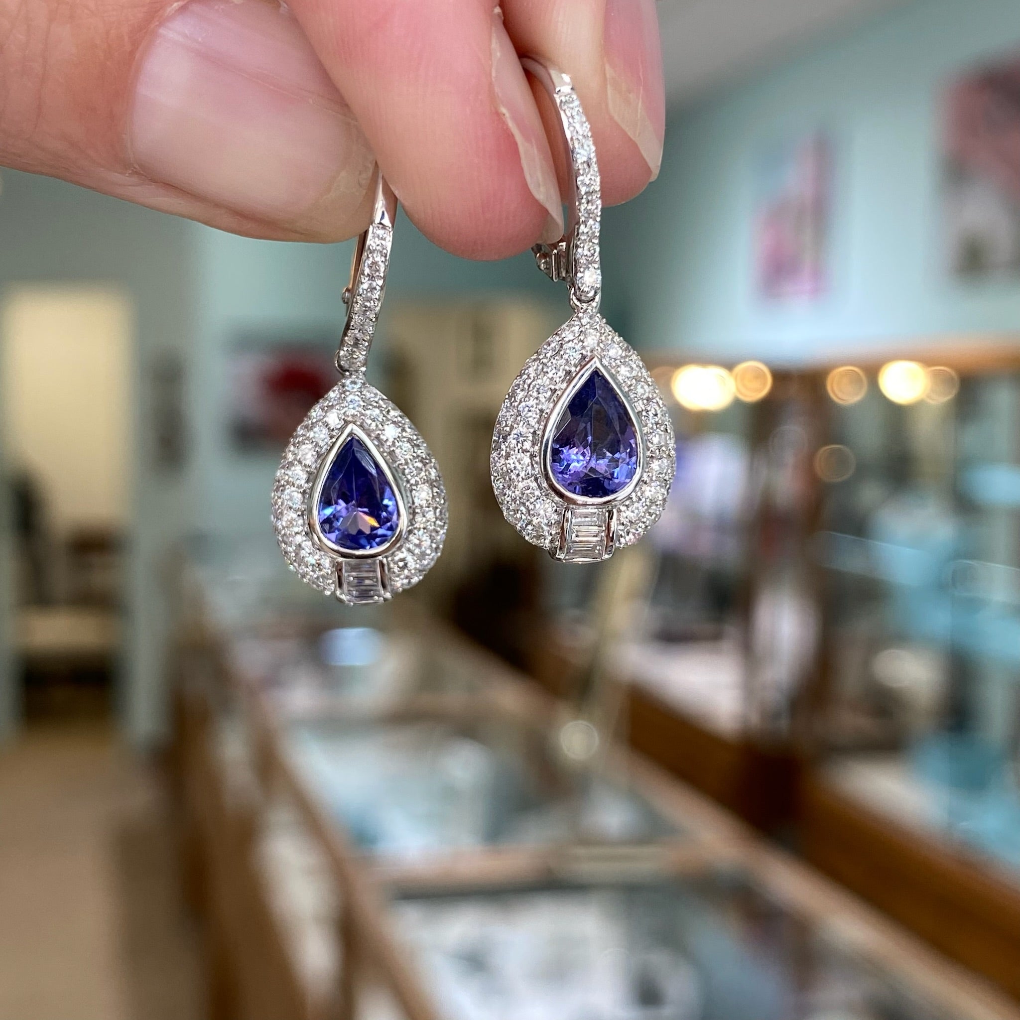 Tanzanite and Diamond Halo Tear Drop Earrings