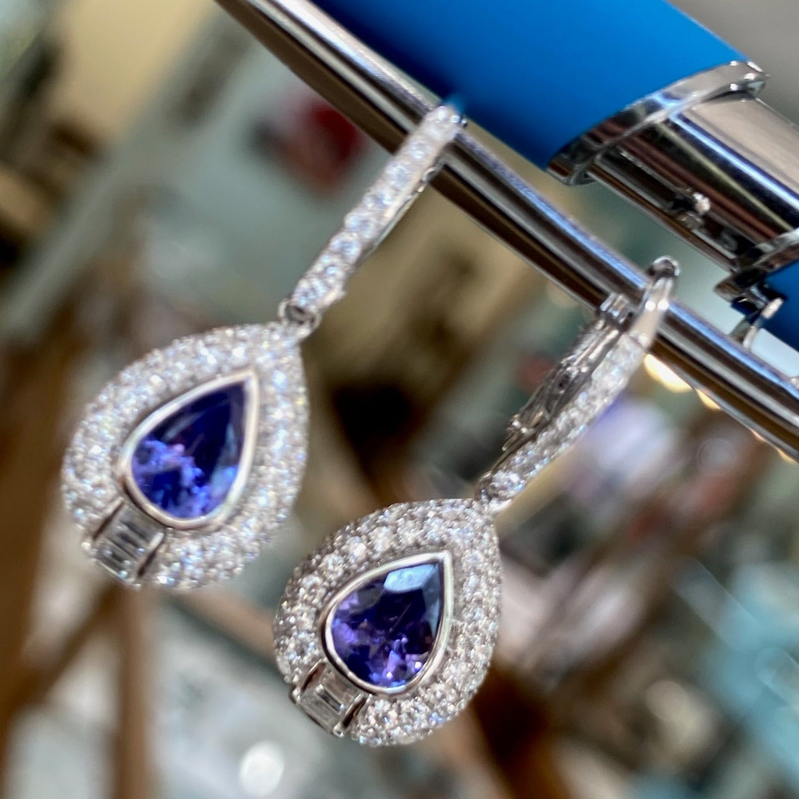 Tanzanite and Diamond Halo Tear Drop Earrings