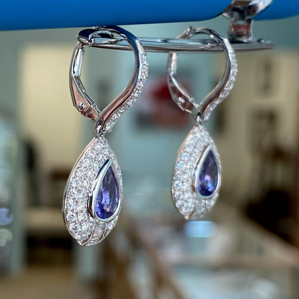 Tanzanite and Diamond Halo Tear Drop Earrings
