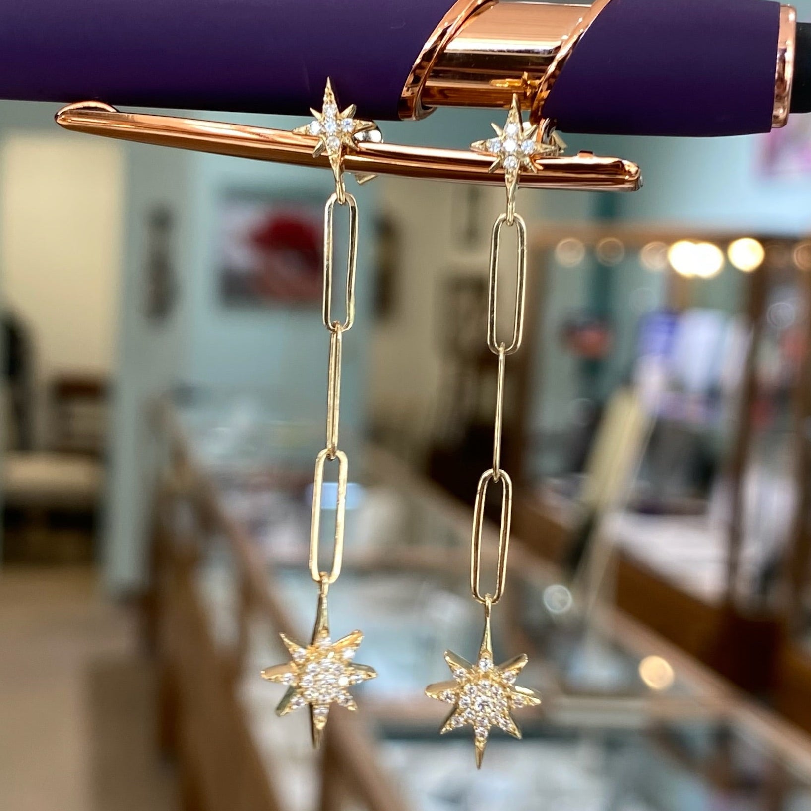 Double Star Yellow Gold Dangle Earrings
