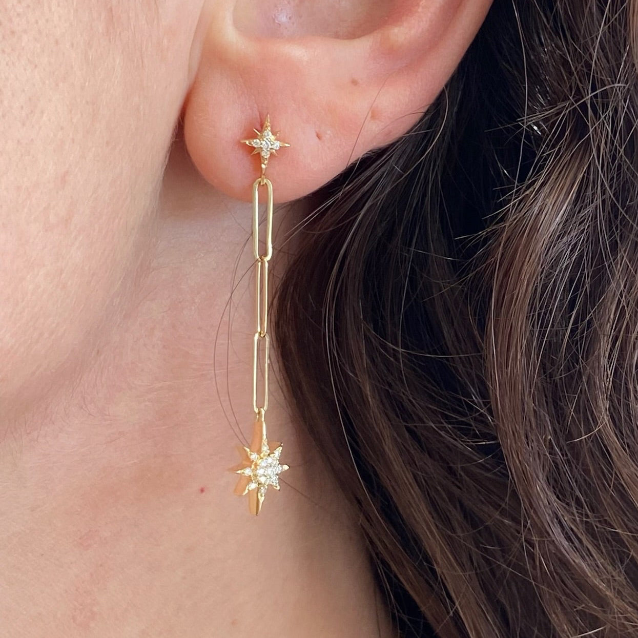 Double Star Yellow Gold Dangle Earrings