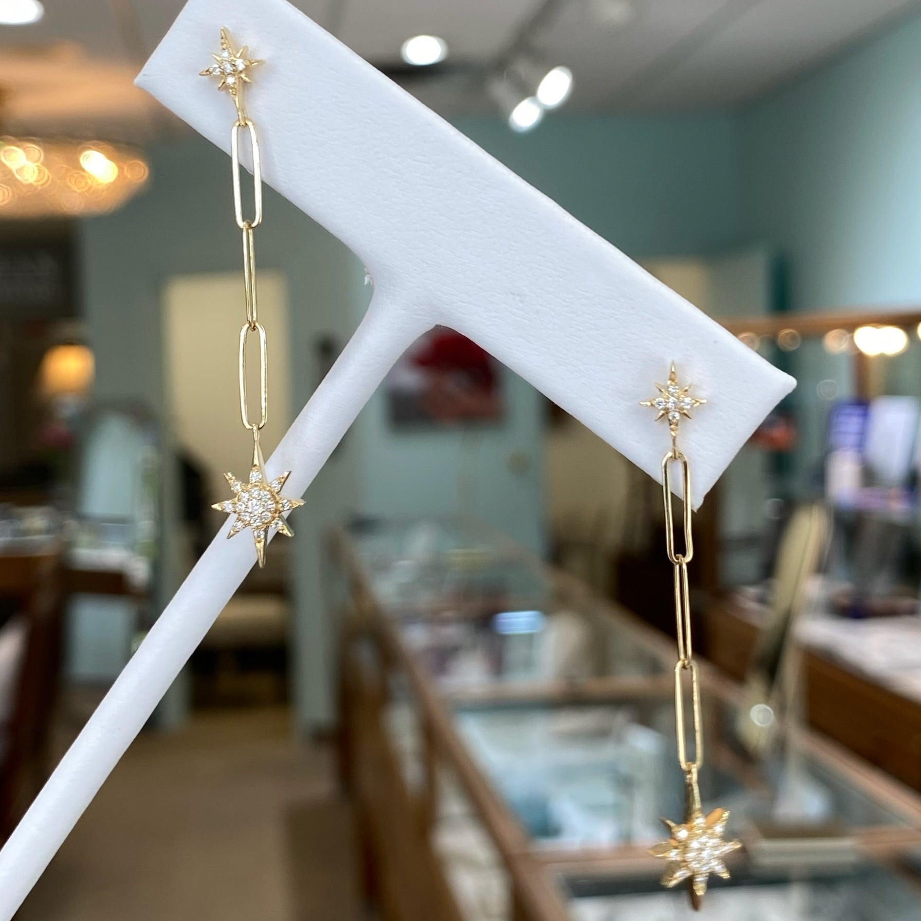 Double Star Yellow Gold Dangle Earrings