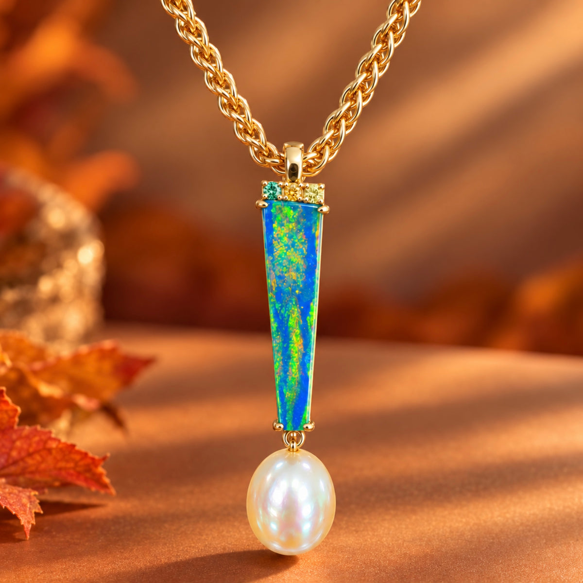 18K Yellow Gold Opal Pearl and Green Garnet Pendant Necklace