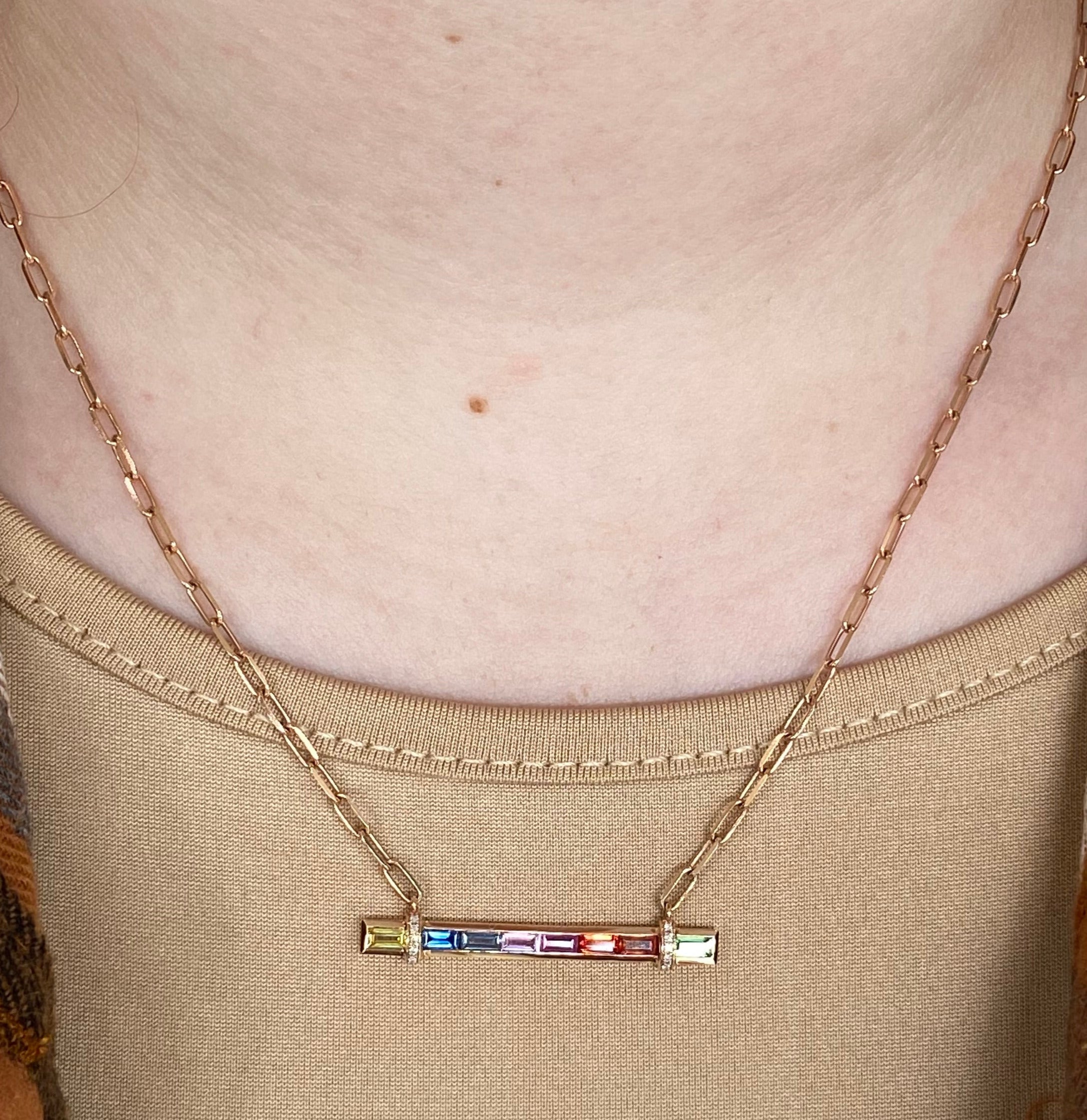 Rose Gold Rainbow Sapphire Bar Necklace