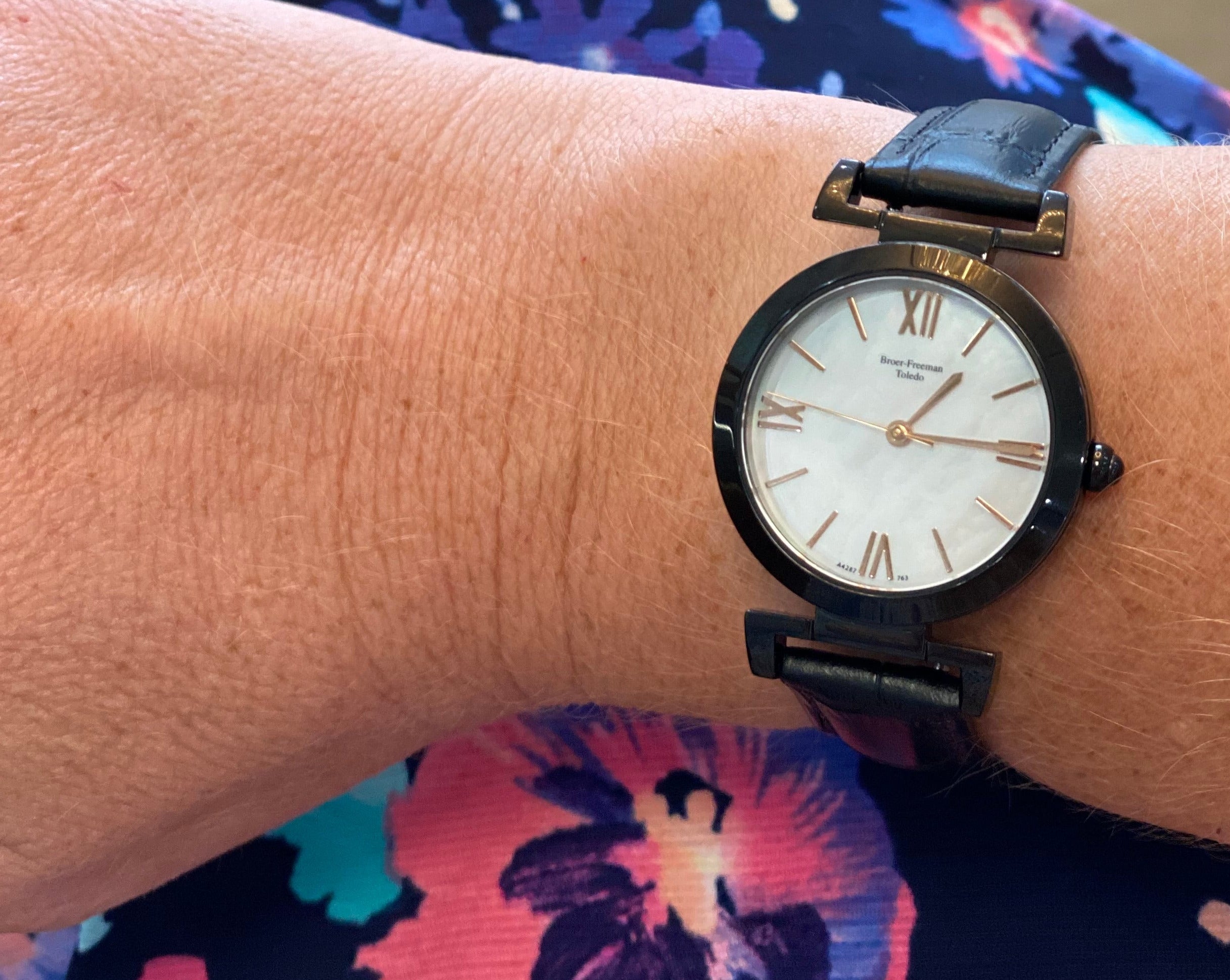 Mother of Pearl Black Leather Rose Gold Accent Watch