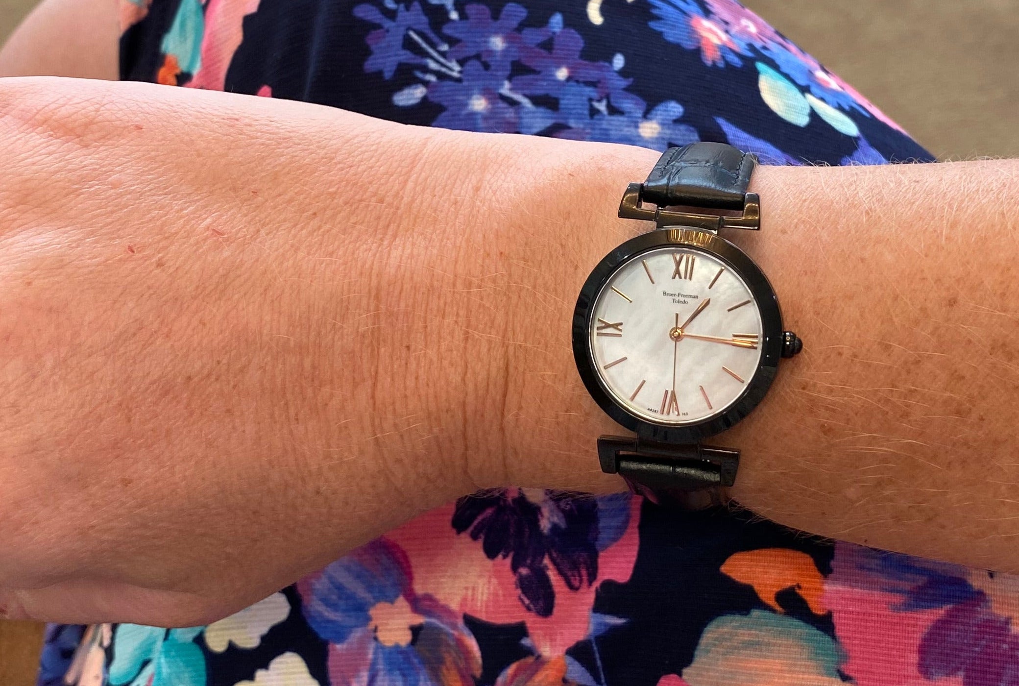 Mother of Pearl Black Leather Rose Gold Accent Watch