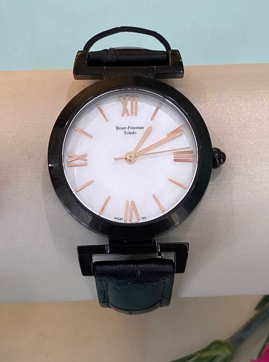 Mother of Pearl Black Leather Rose Gold Accent Watch