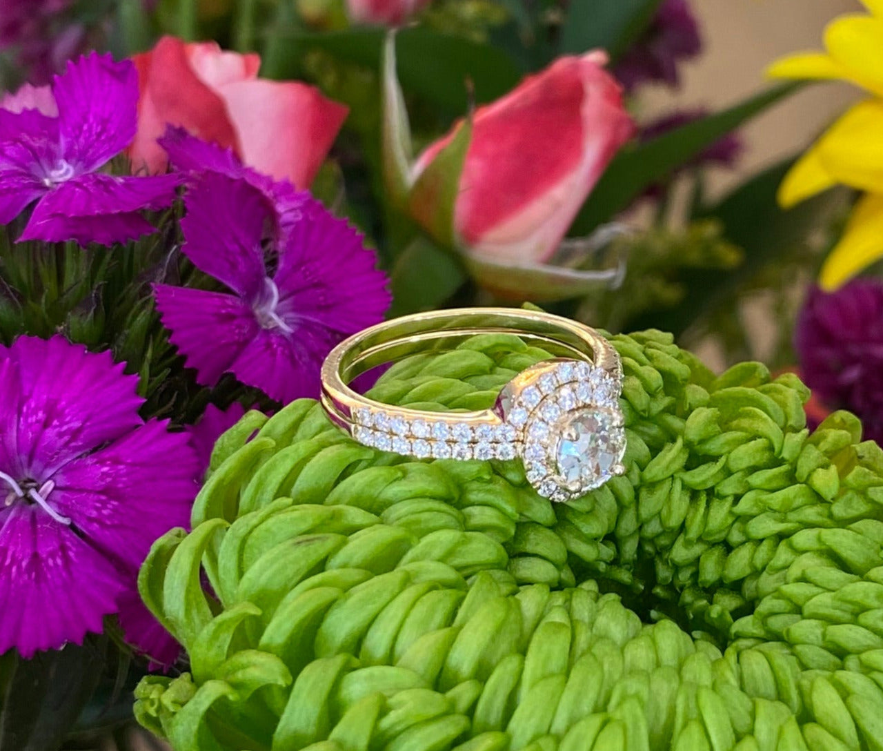 Vintage Yellow Gold Round Diamond Halo Engagement Ring and Wedding Band