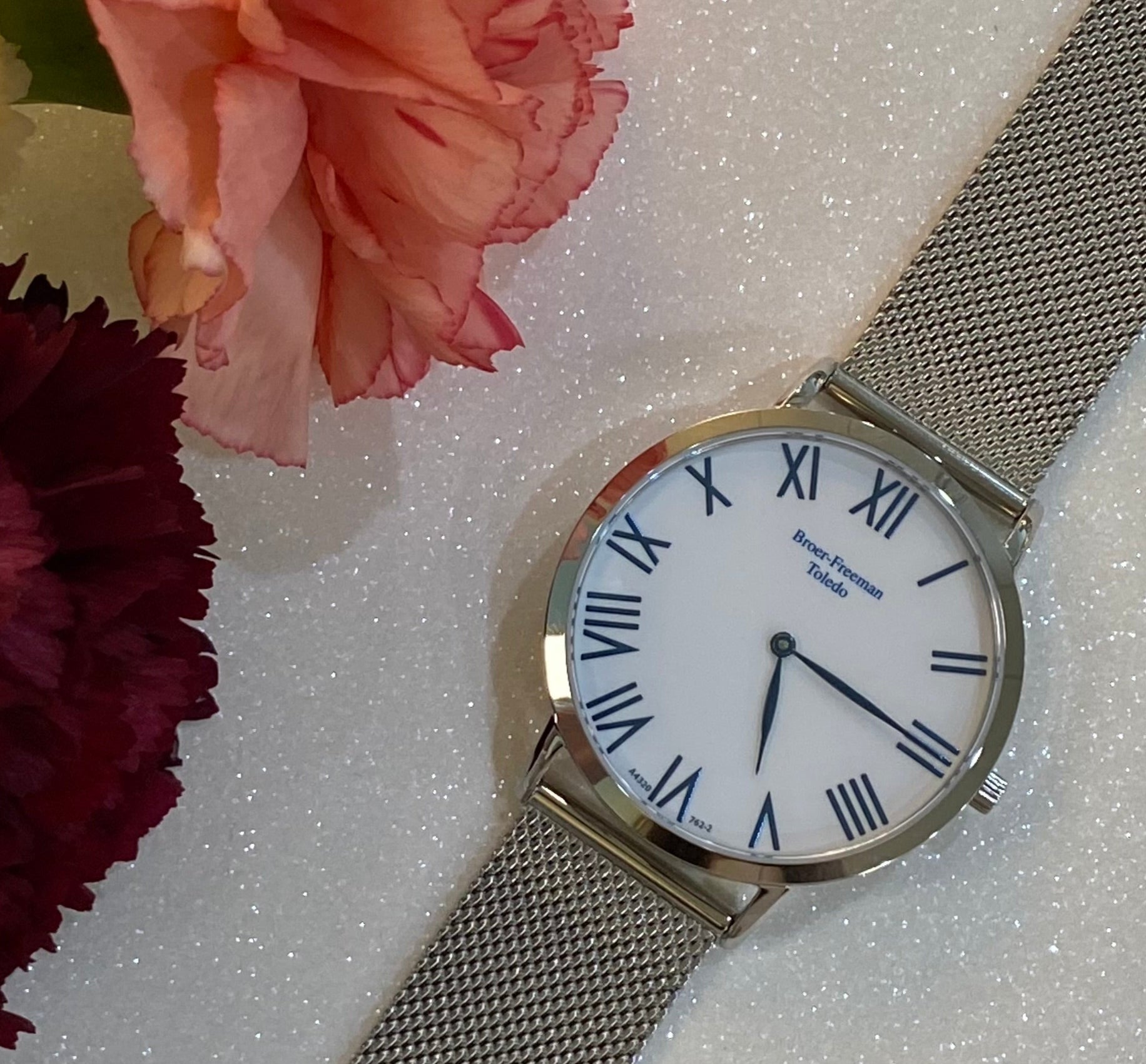 White Dial Teal Numeral Silver Mesh Bracelet Watch