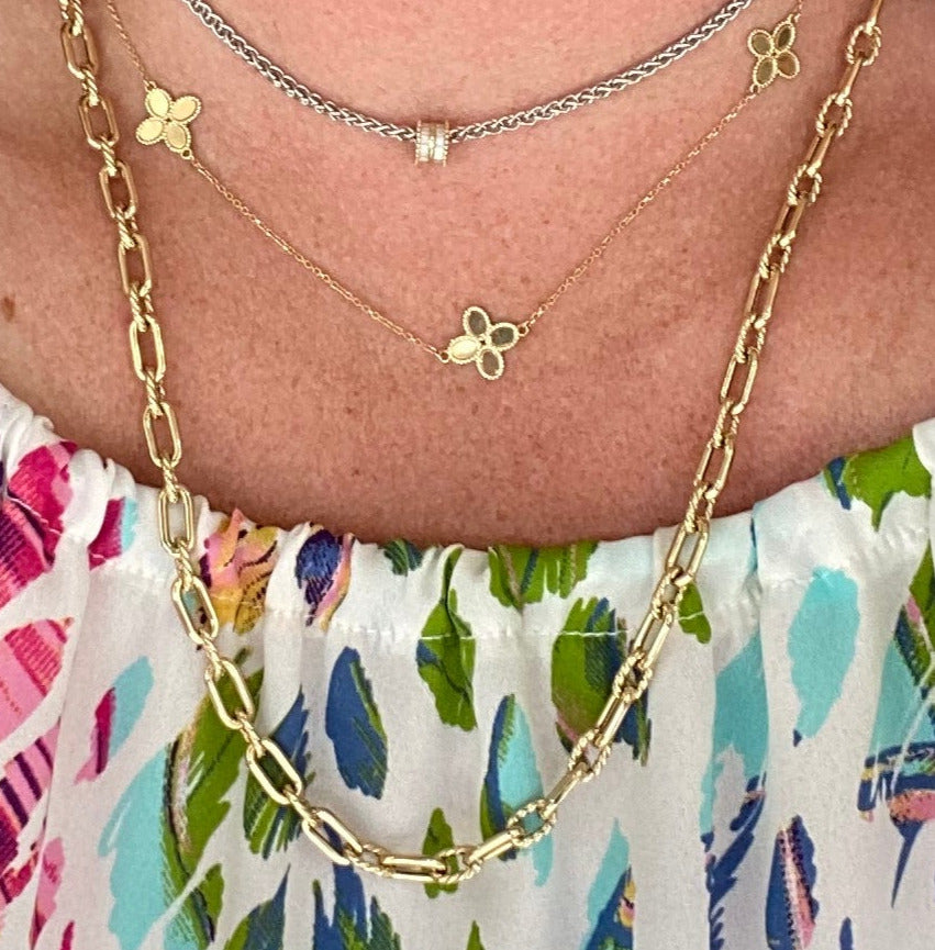 14K Yellow Gold Textured Oval and Paper Clip Link Chain