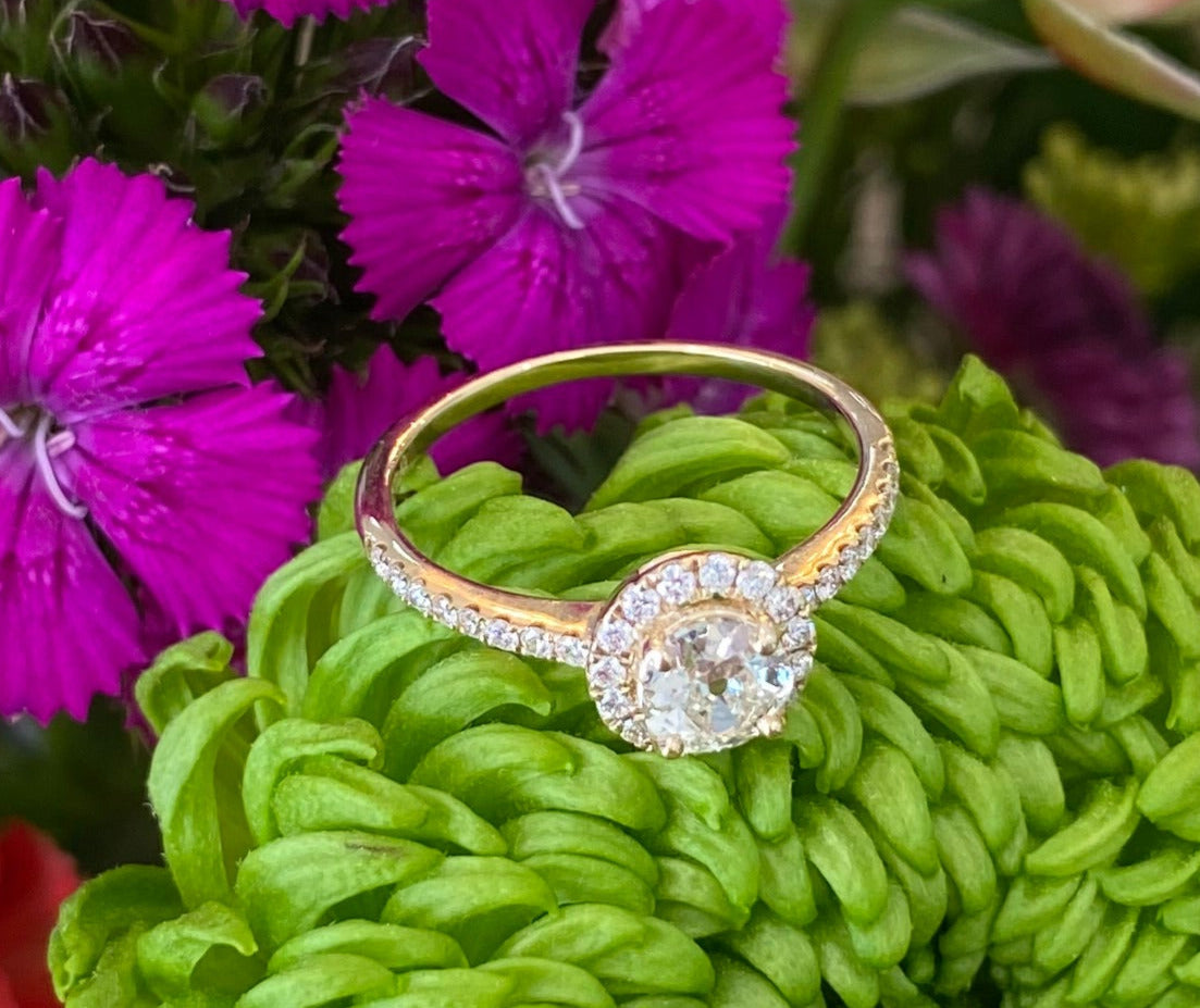 Vintage Yellow Gold Round Diamond Halo Engagement Ring and Wedding Band