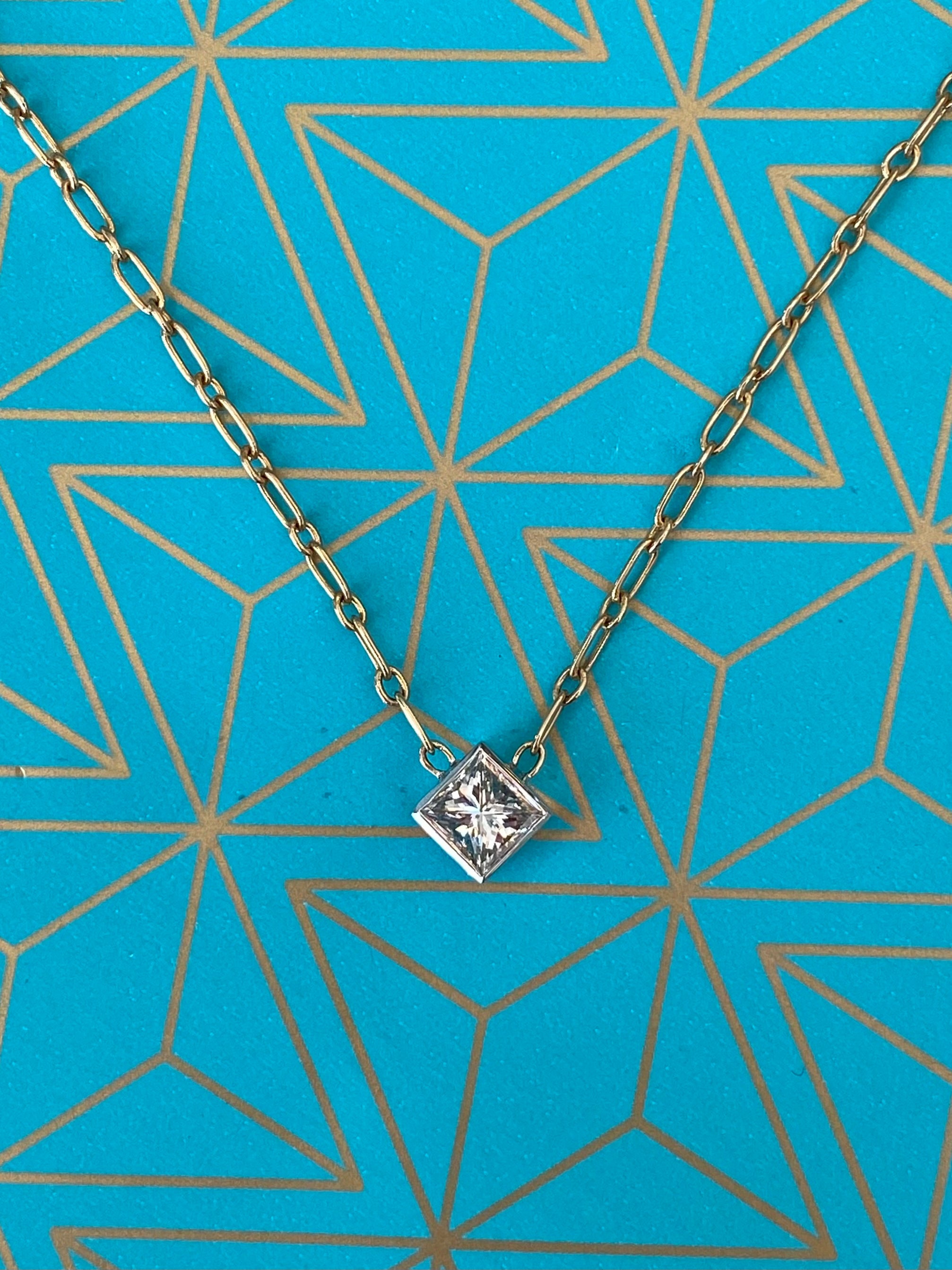 14K Gold Paper Clip Chain Princess Cut Diamond Necklace