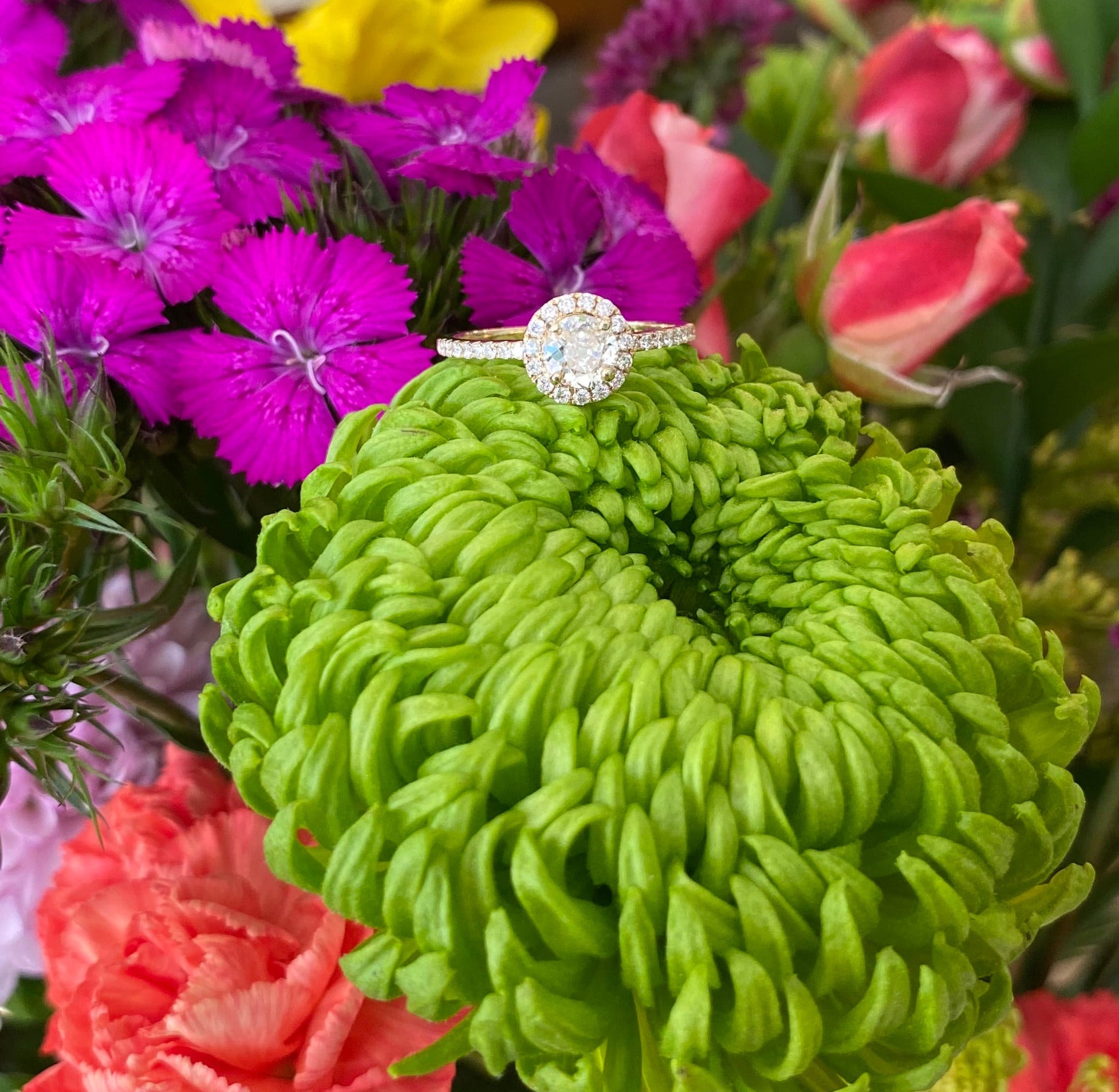 Vintage Yellow Gold Round Diamond Halo Engagement Ring and Wedding Band