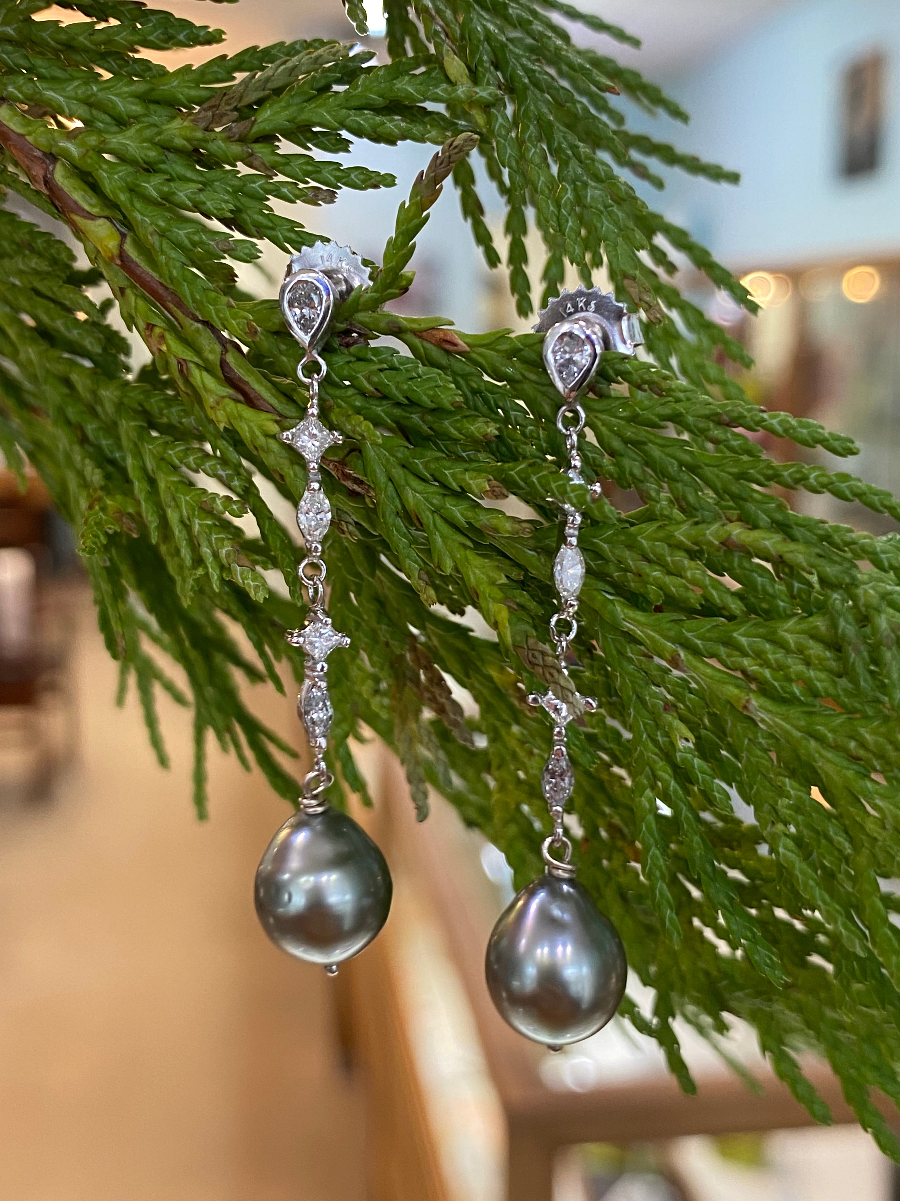 Dainty Diamond & Tahitian Pearl Drop Earrings