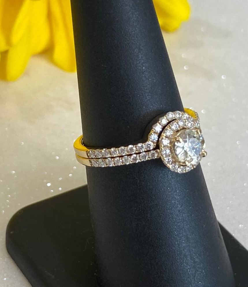 Vintage Yellow Gold Round Diamond Halo Engagement Ring and Wedding Band