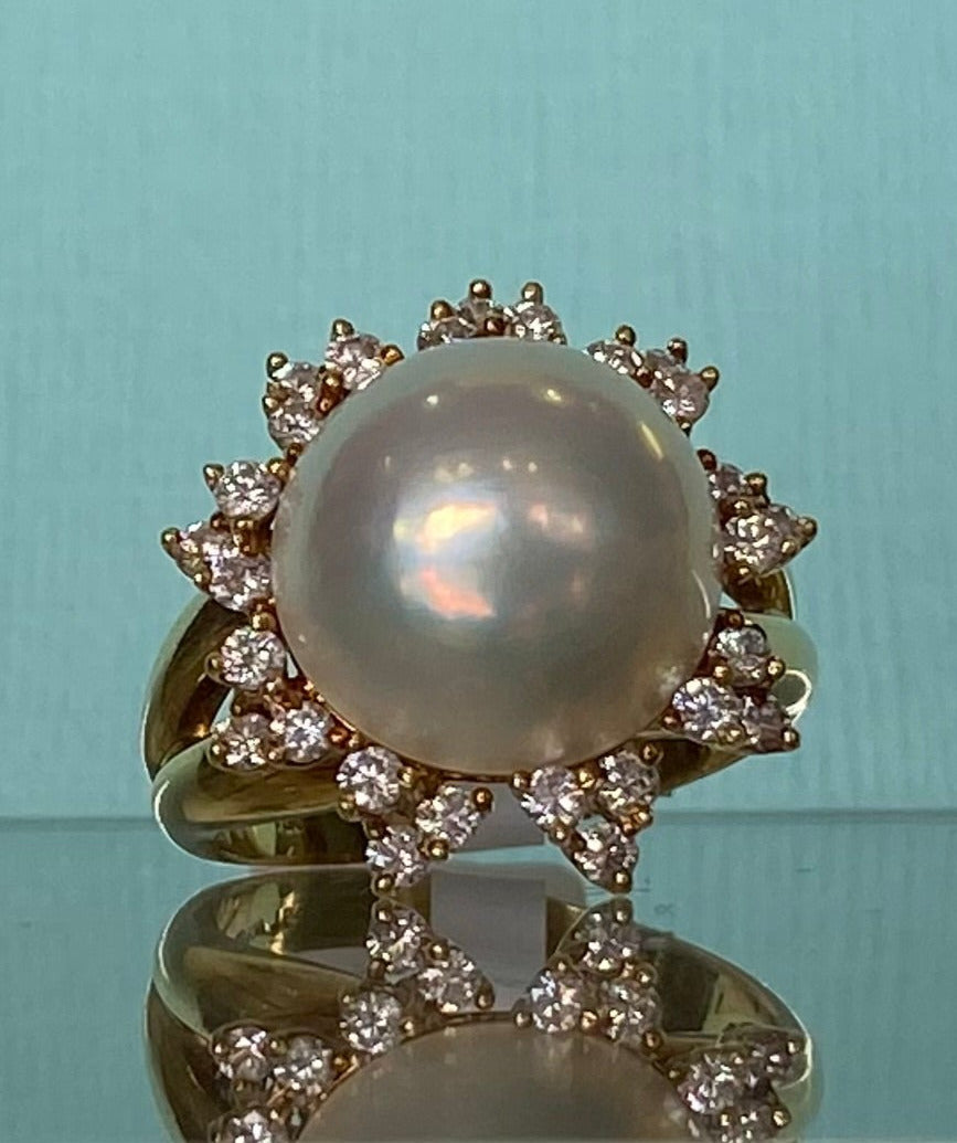 18K Gold Vintage Pearl and Diamond Sun Flare Ring