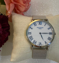 Load image into Gallery viewer, White Dial Teal Numeral Silver Mesh Bracelet Watch