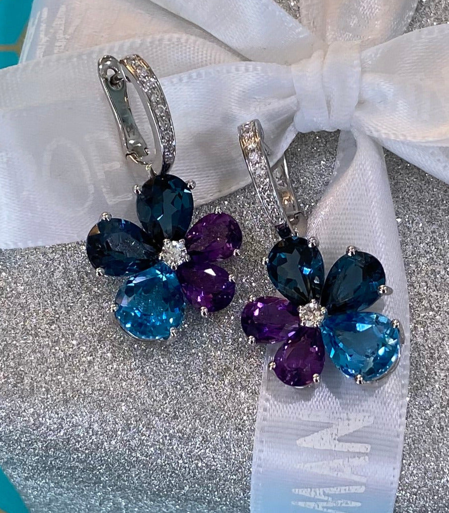Cool Color Gemstone & Diamond Floral Earrings