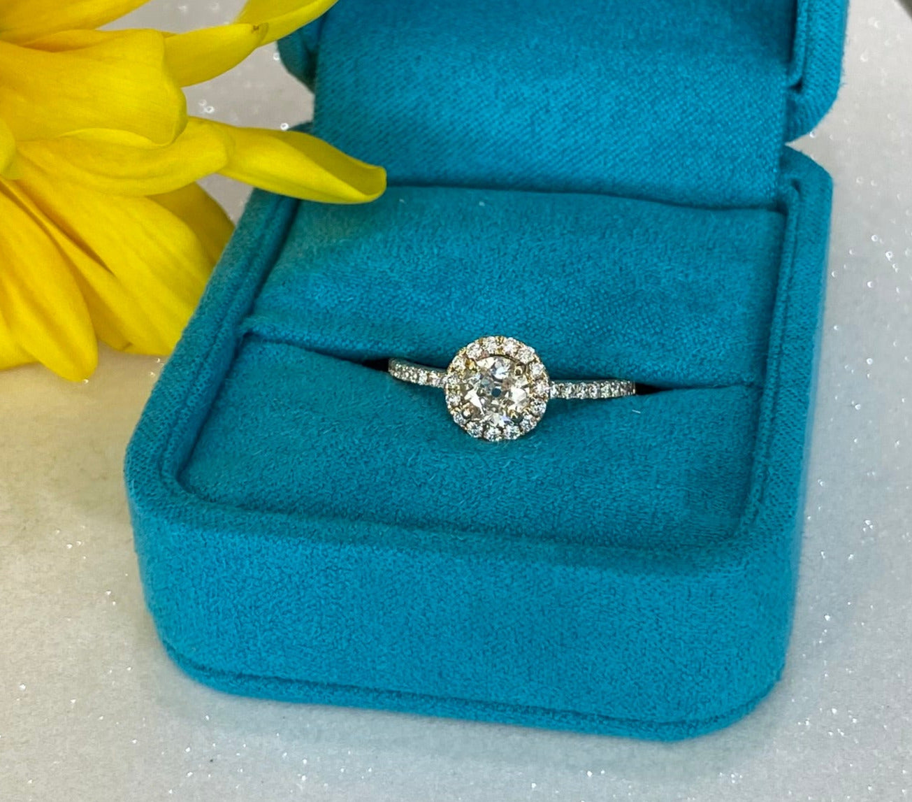 Vintage Yellow Gold Round Diamond Halo Engagement Ring and Wedding Band