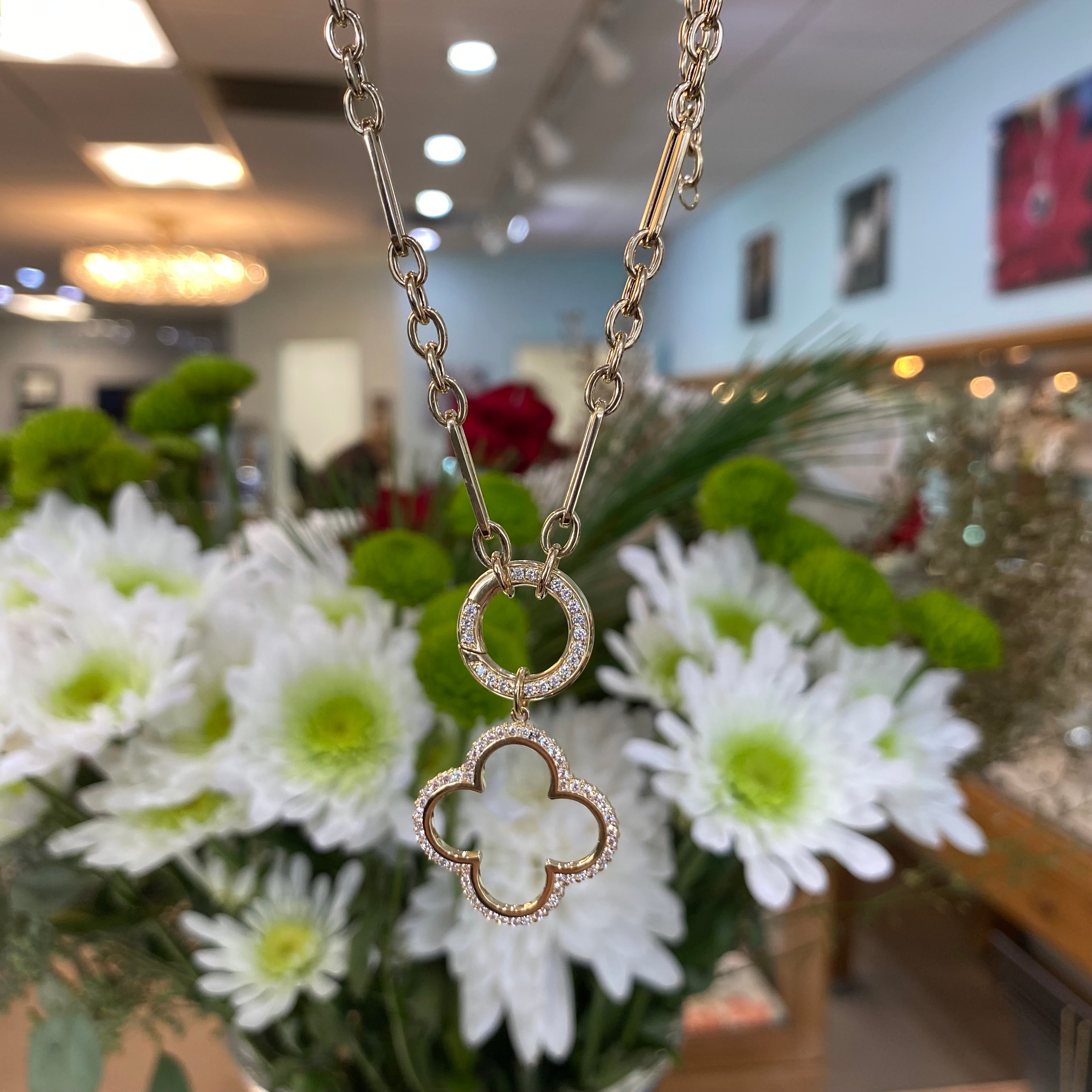 Clover & Circle Drop Pendant Paper Clip Necklace