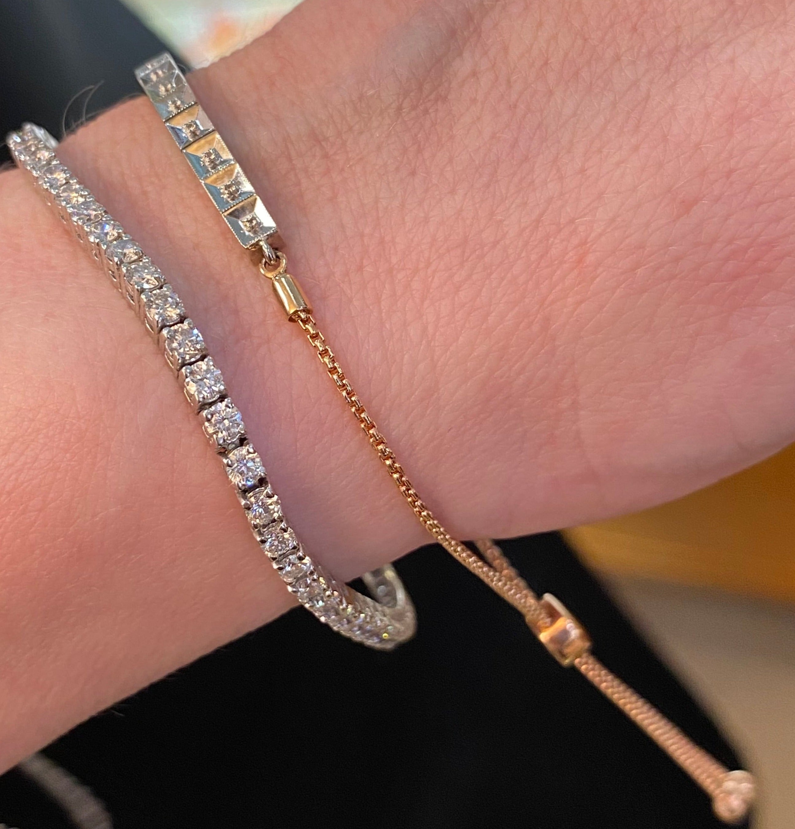 Vintage Two Toned Rose and White Gold Diamond Bolo Bracelet
